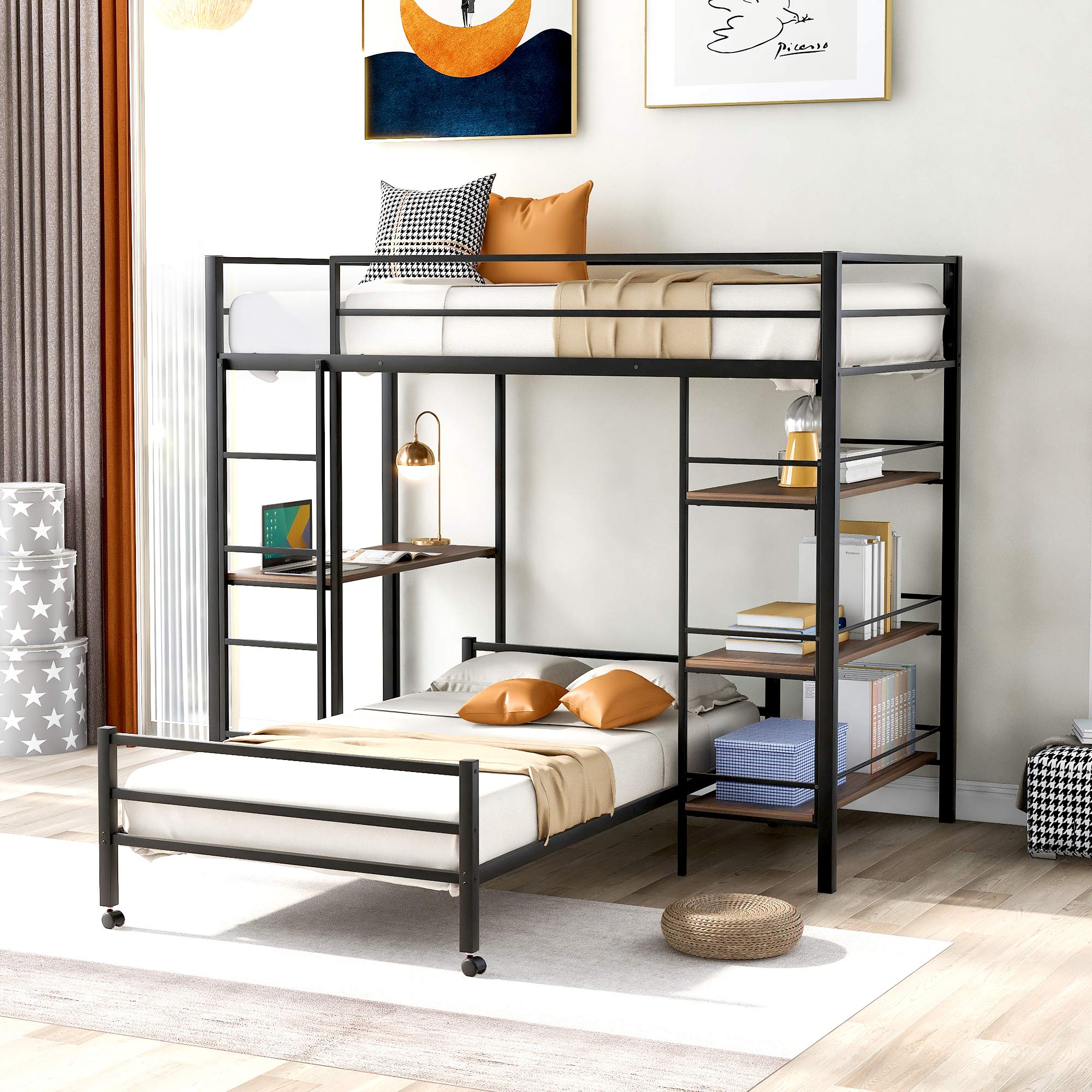 P PURLOVE Metal Bunk Bed with Desk - Twin Over Twin Bunk Bed with Shelves & Storage | Convertible to Loft Bed or Platform Bed | Perfect for Kids Rooms, Dorms & Small Spaces