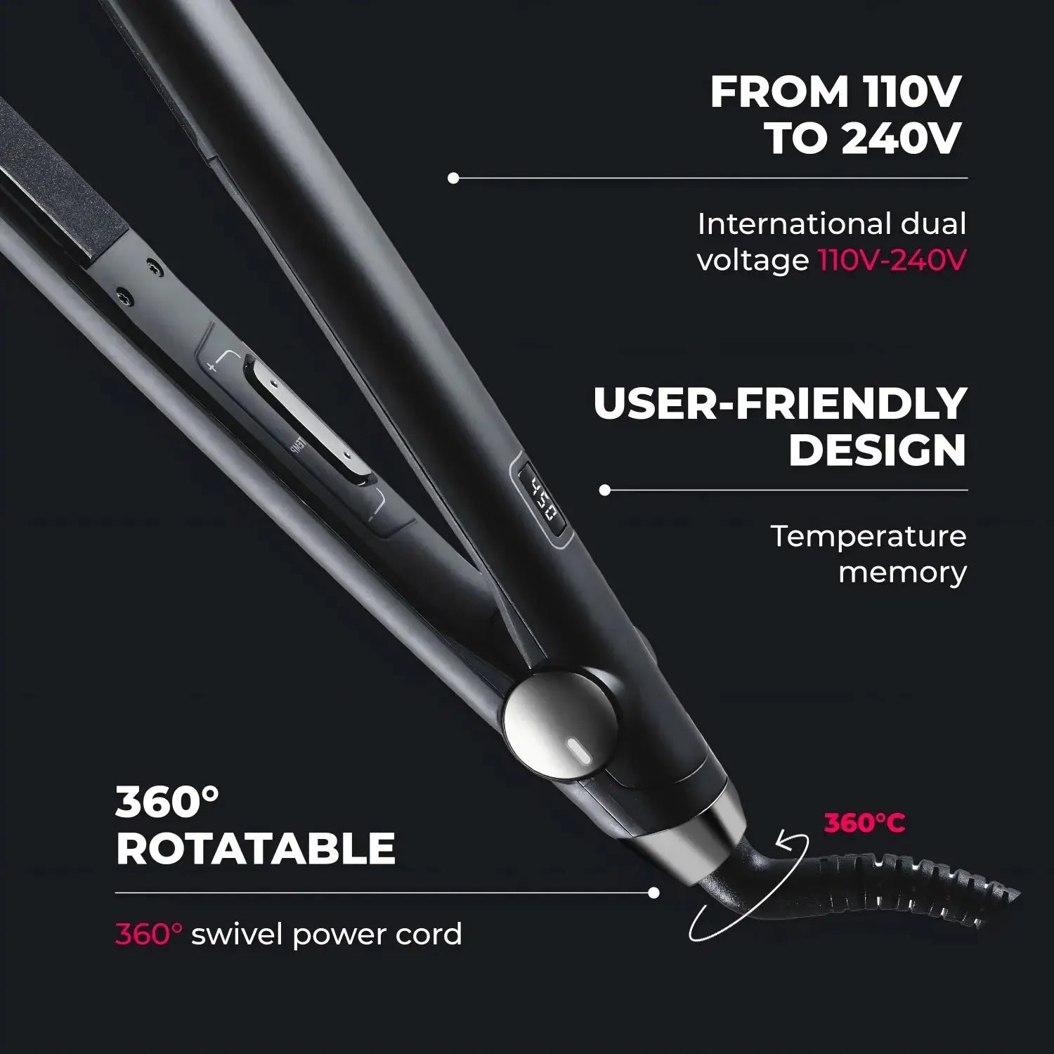 TYMO Sway Noir Hair Straightener Brush - Professional Ionic Ceramic Flat Iron for Smooth & Shiny Hair - Perfect for Home & Salon Styling