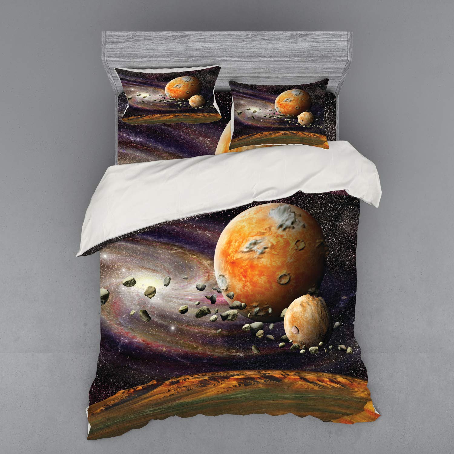 Ambesonne Galaxy Bedding Set - Queen Size 4-Piece Duvet Cover Set with Shams & Fitted Sheet, Universe Outer Space Design with Planets, Stars & Deep Sky Objects in Green Purple Yellow White - Perfect for Astronomy Lovers & Space Themed Bedrooms