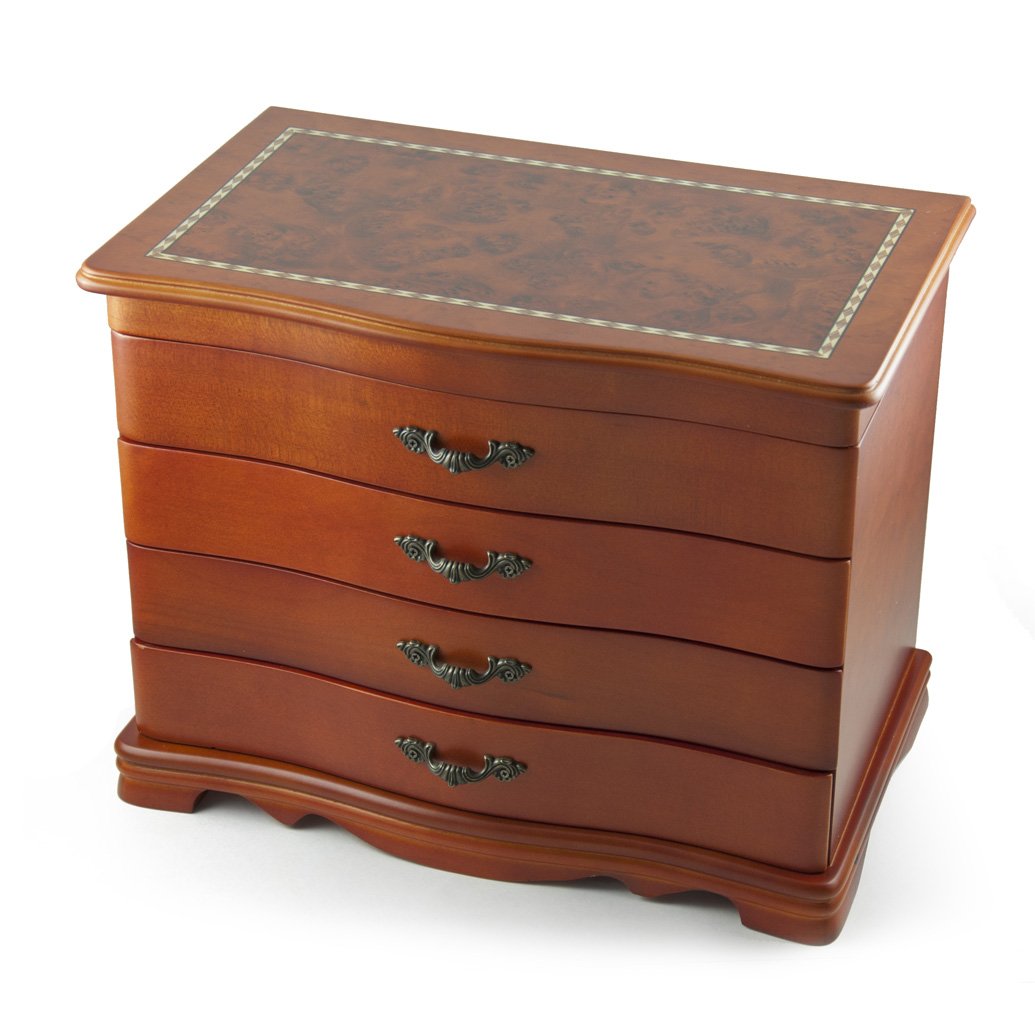 Stylish 4-Tier Burl Wood Jewelry Organizer Box with Mirror - Perfect for Necklaces, Rings & Earrings Storage | Bedroom Vanity & Travel Jewelry Case