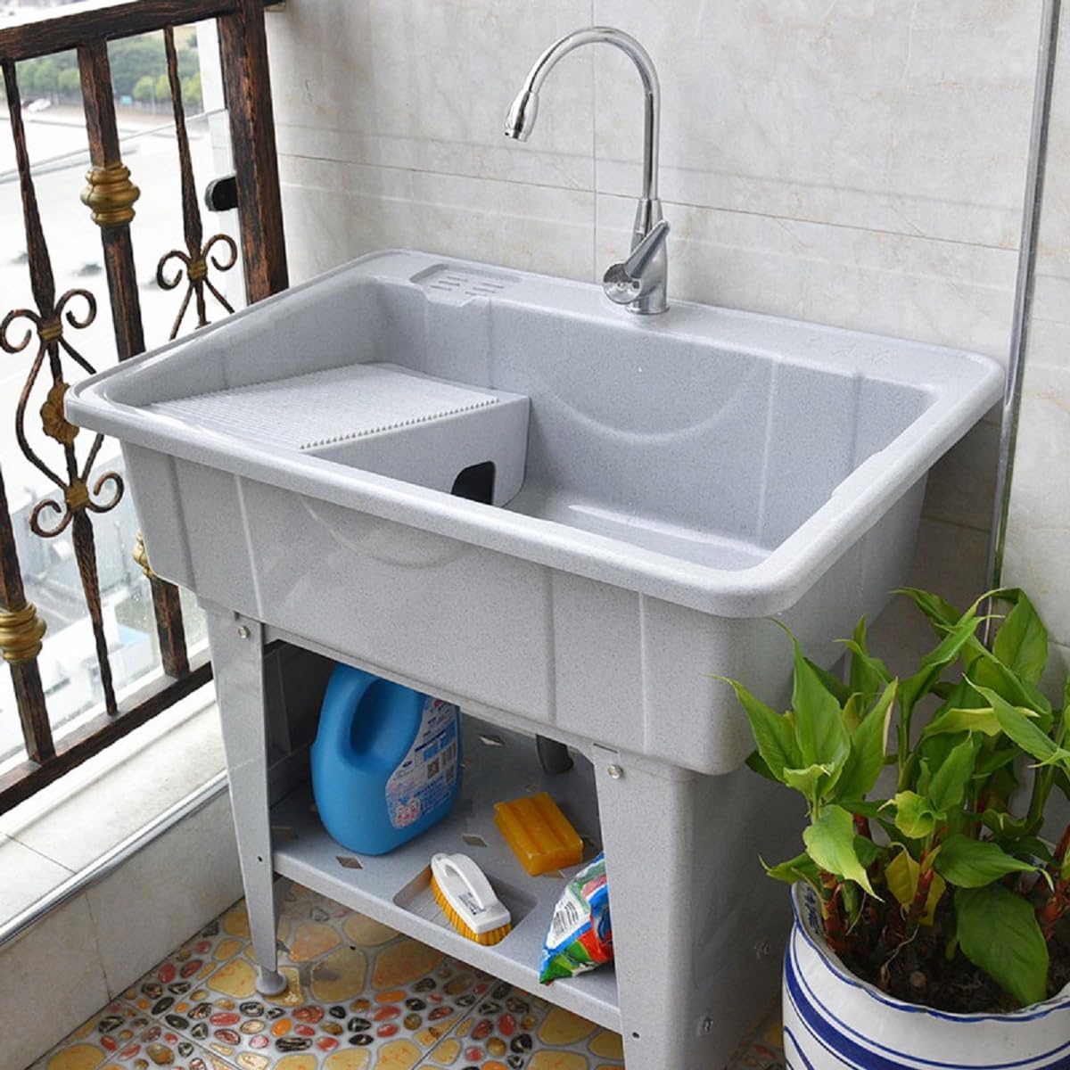 Gdrasuya10 Grey Plastic Utility Laundry Sink with Faucet - Heavy Duty Washing Station Tub for Laundry Room, Basement & Outdoor Use - Includes All Installation Kits - Perfect for Garden Cleaning, Pet Washing & Household Chores