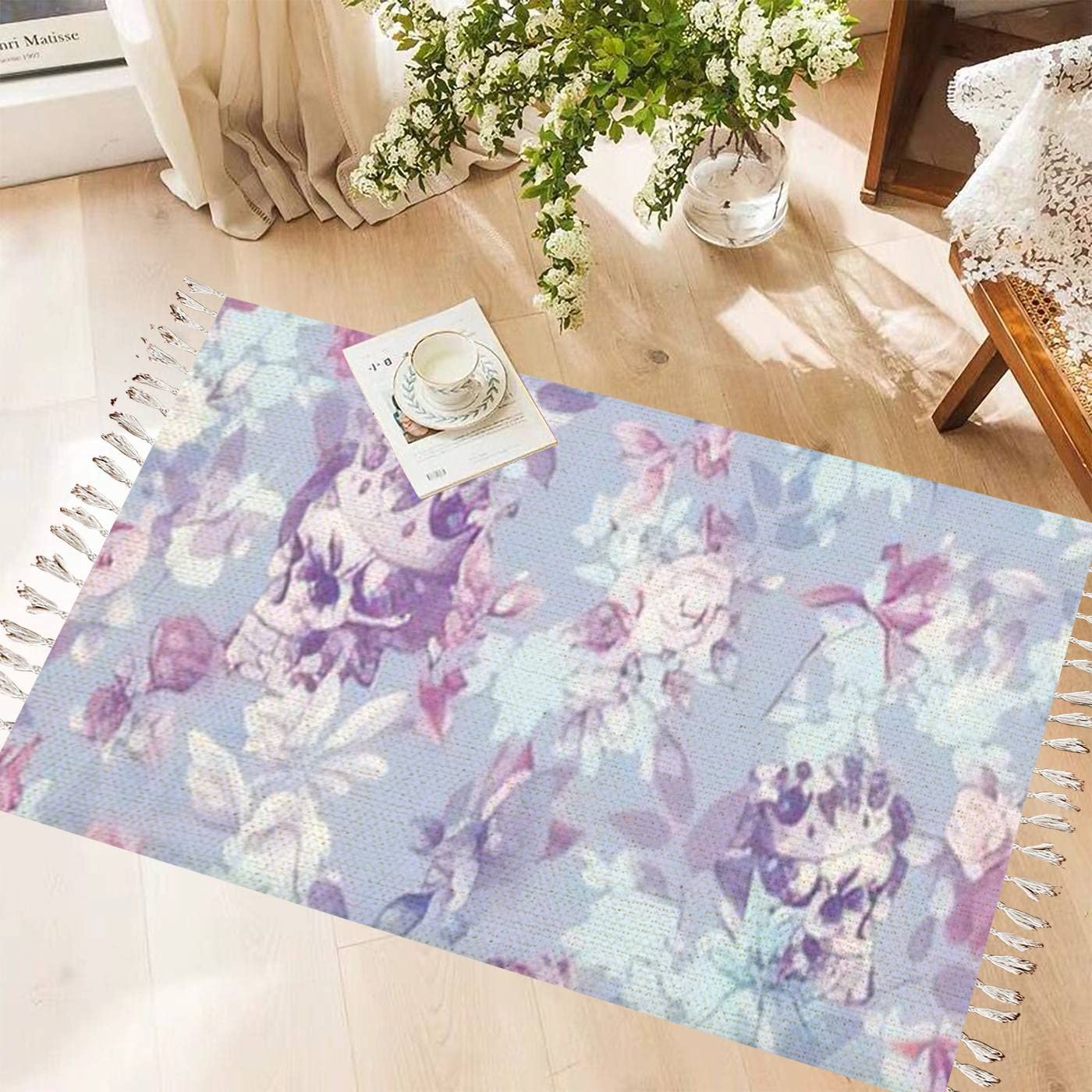 Vintage Boho Cotton Linen Rug with Retro Tassels - Floral Skull Design on Pastel Blue Washable Woven Mat for Kitchen, Bathroom, Outdoor & Boho Decor | Perfect for Living Room, Bedroom or Entryway