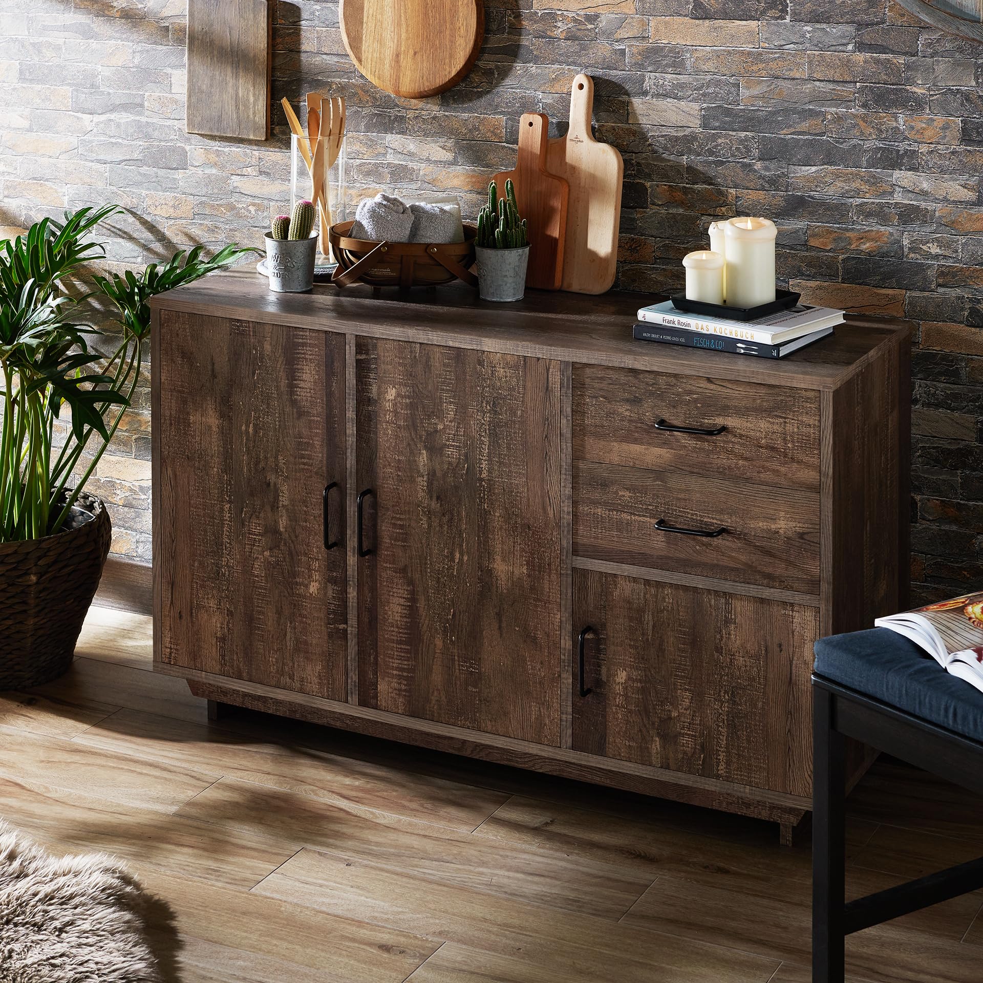 HOMES: Inside + Out Finn Wood Buffet Table - Rustic Reclaimed Oak Kitchen Storage Cabinet with Doors & Shelves, Industrial Sideboard for Entryway, Dining Room & Living Room - Perfect for Home Organization & Farmhouse Decor