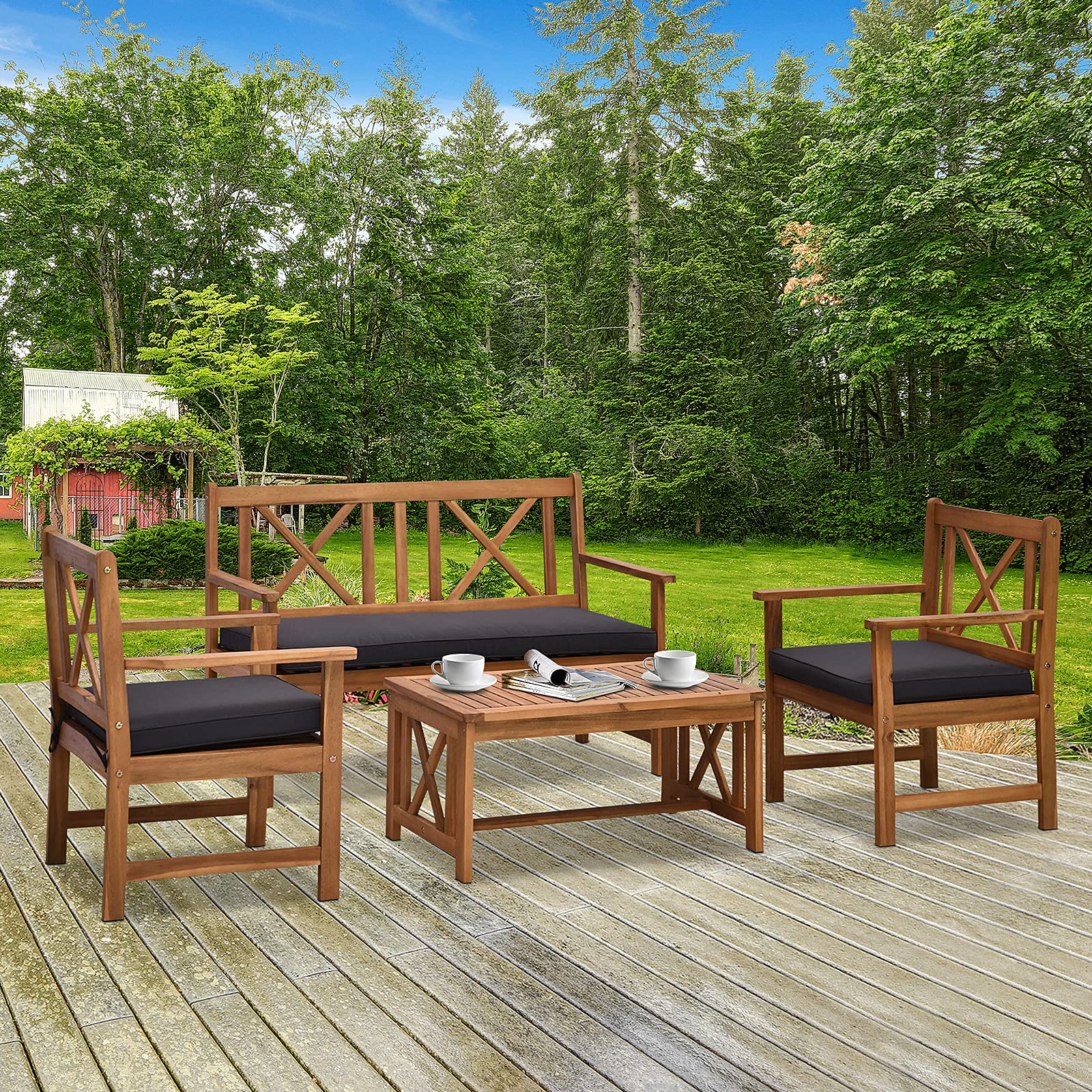 Outsunny 4-Piece Acacia Wood Patio Furniture Set with 2 Armchairs, 1 Sofa & Coffee Table - Includes Cushions - Perfect for Outdoor Garden, Backyard, Poolside & Balcony Relaxation