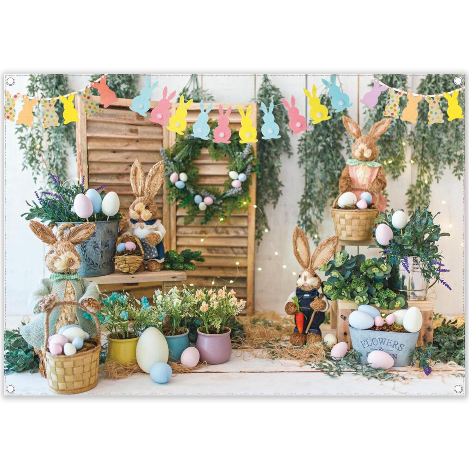 7x5ft Spring Easter Photography Backdrop - Colorful Bunny Garden with Eggs & Flowers - Rabbit Flag Baby Kids Portrait Photo Booth Props for Easter Party, Baby Shower & Spring Celebrations