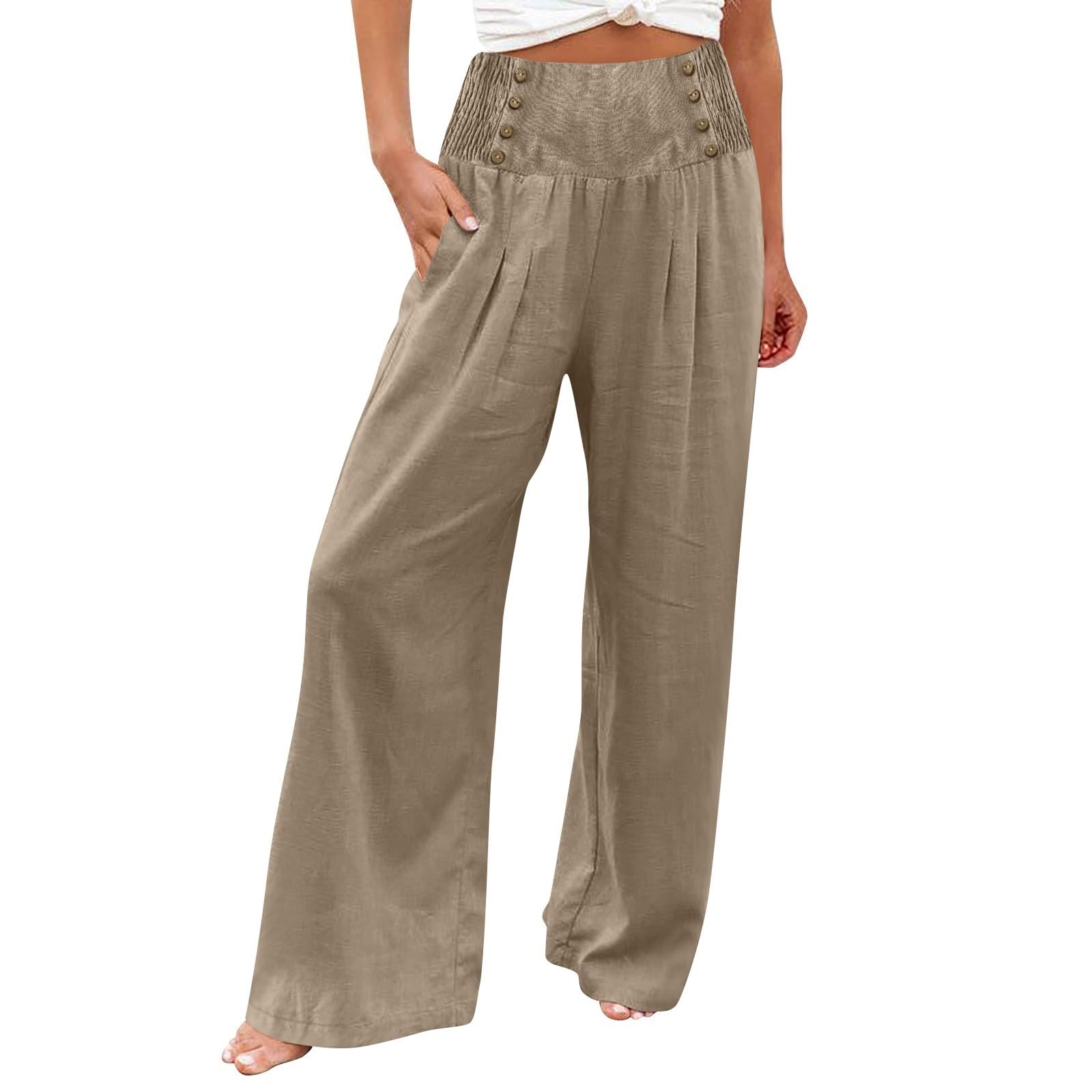 Women's Linen Palazzo Pants - High Waisted Wide Leg Casual Trousers with Pockets | Lightweight Summer Loose Pants for Beach, Travel & Lounge Wear