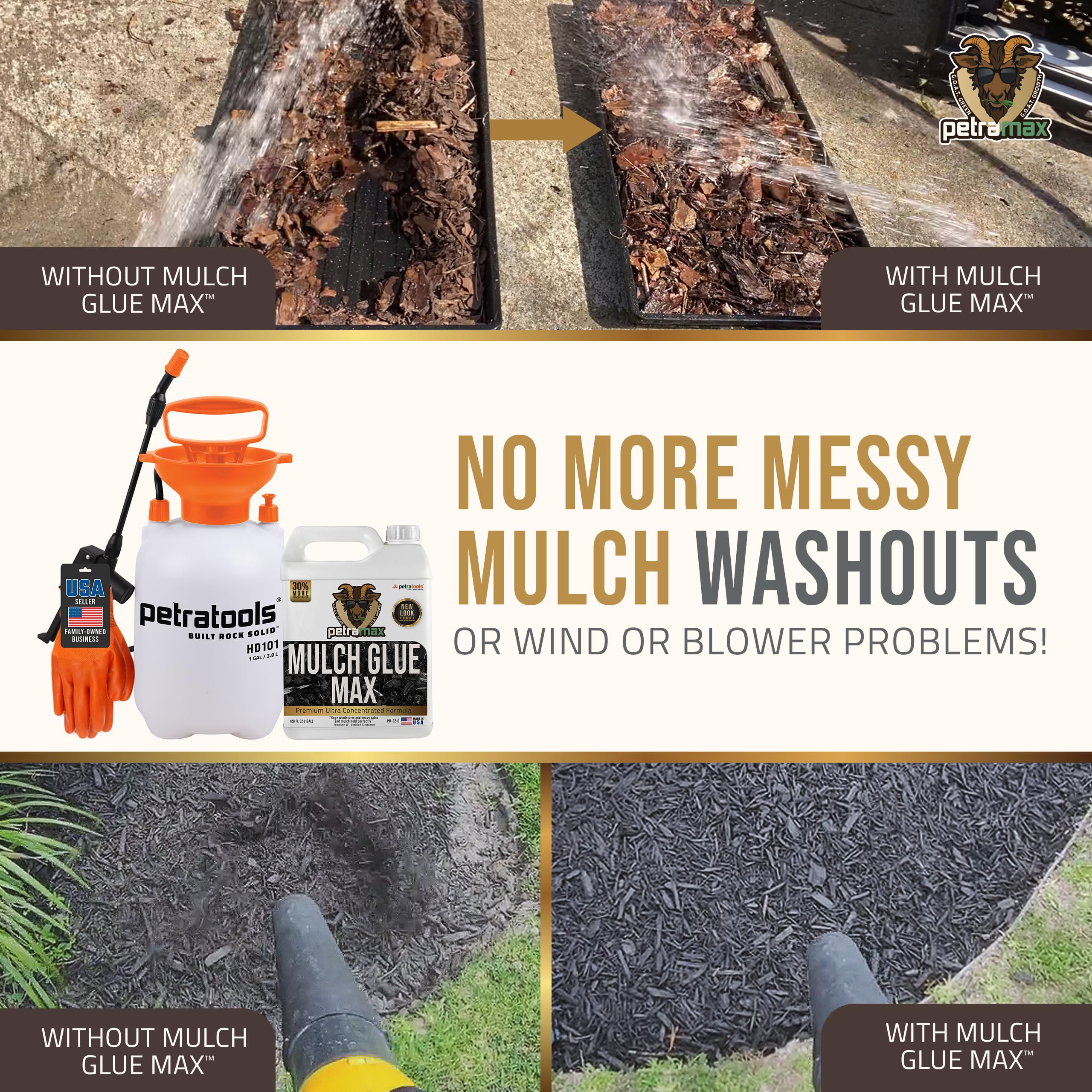 **Sticky Rock & Mulch Glue for Landscaping - 1 Gallon with Sprayer | Strong Adhesive for Gravel, Rocks & Mulch | Perfect for Driveways, Pathways & Garden Beds (Wood Max) - PetraTools HD101 Bundle**