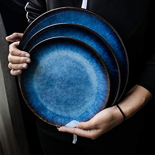 Blue Glazed Porcelain Dinner Plates Set of 4 - Elegant Round Flat Plates for Fine Dining, Wedding Registry & Home Decor