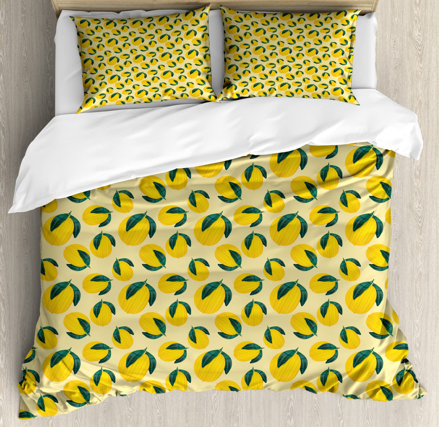 Ambesonne Garden Art Duvet Cover Set - King Size 2-Pack with Vibrant Lemon & Lime Leaf Print in Jade Green & Mustard | Includes 2 Duvet Covers & 2 Pillowcases | Perfect for Spring Bedroom Decor, Guest Room Refresh, or Bohemian Style Home