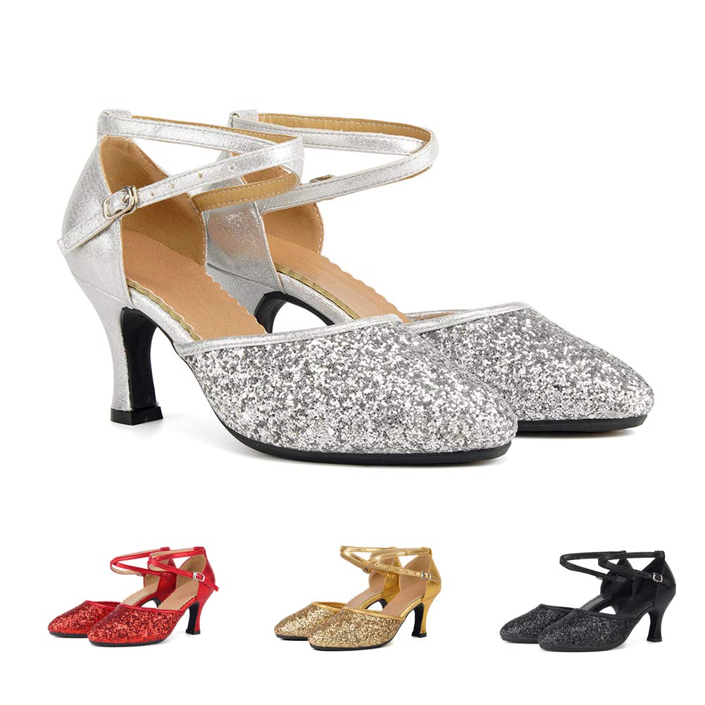 SWDZM Women's Glitter Latin Dance Shoes - Closed Toe Ballroom Salsa Heels for Women | Professional Dance Shoes for Latin, Salsa, Tango & Ballroom | Perfect for Dance Competitions, Performances & Party Events