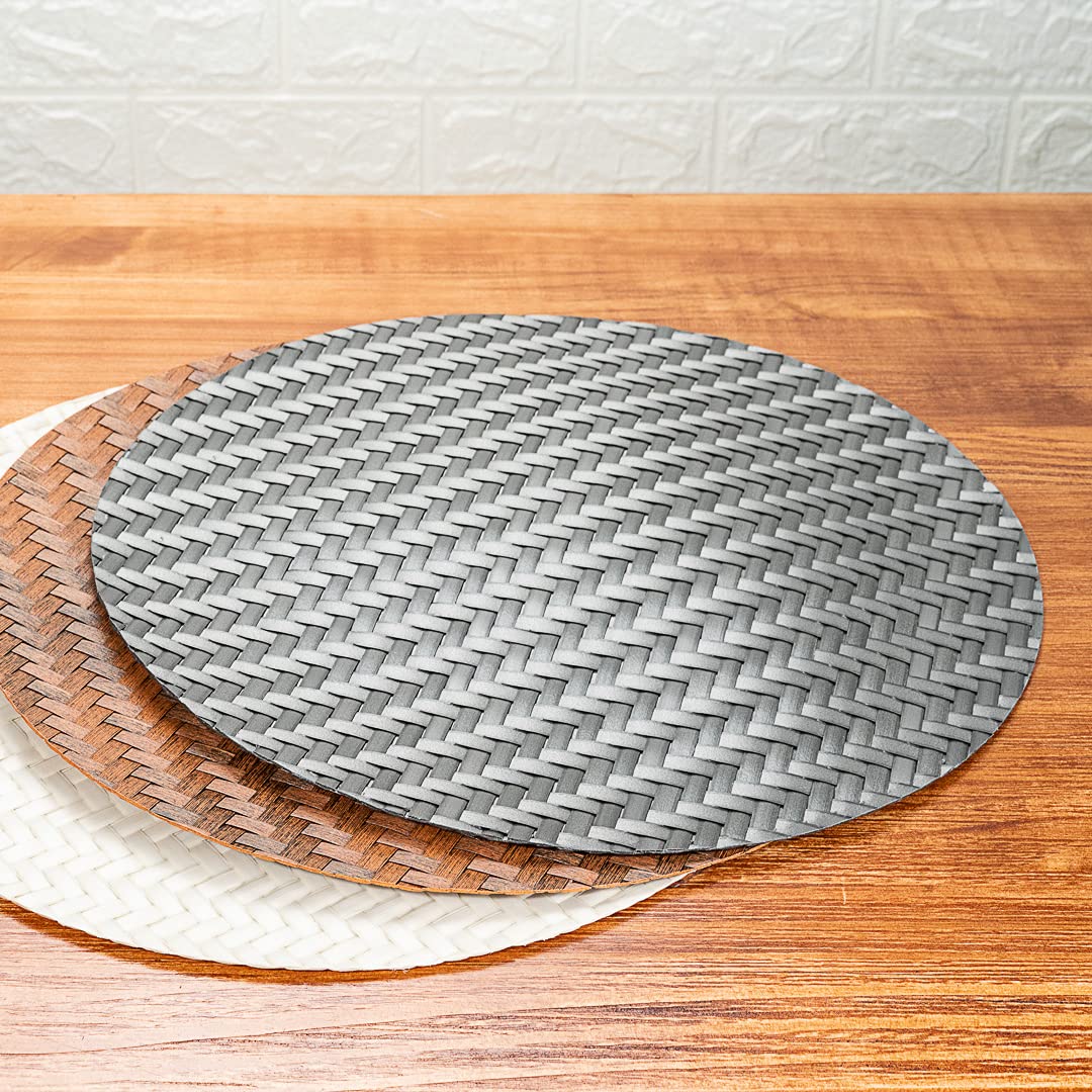 Premium 15-Inch Round Woven Placemats Set of 6 - Durable & Easy-Clean Metallic Gray Plastic Table Mats for Dining - Perfect for Home, Restaurant, Wedding & Party Decor
