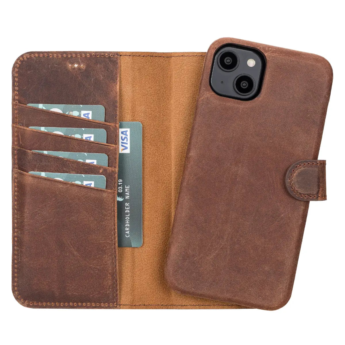 Distressed Brown Leather Magnetic Wallet Case for iPhone 14 Plus - Premium RFID Blocking & Secure Card Holder - Perfect for Travel, Business & Everyday Use