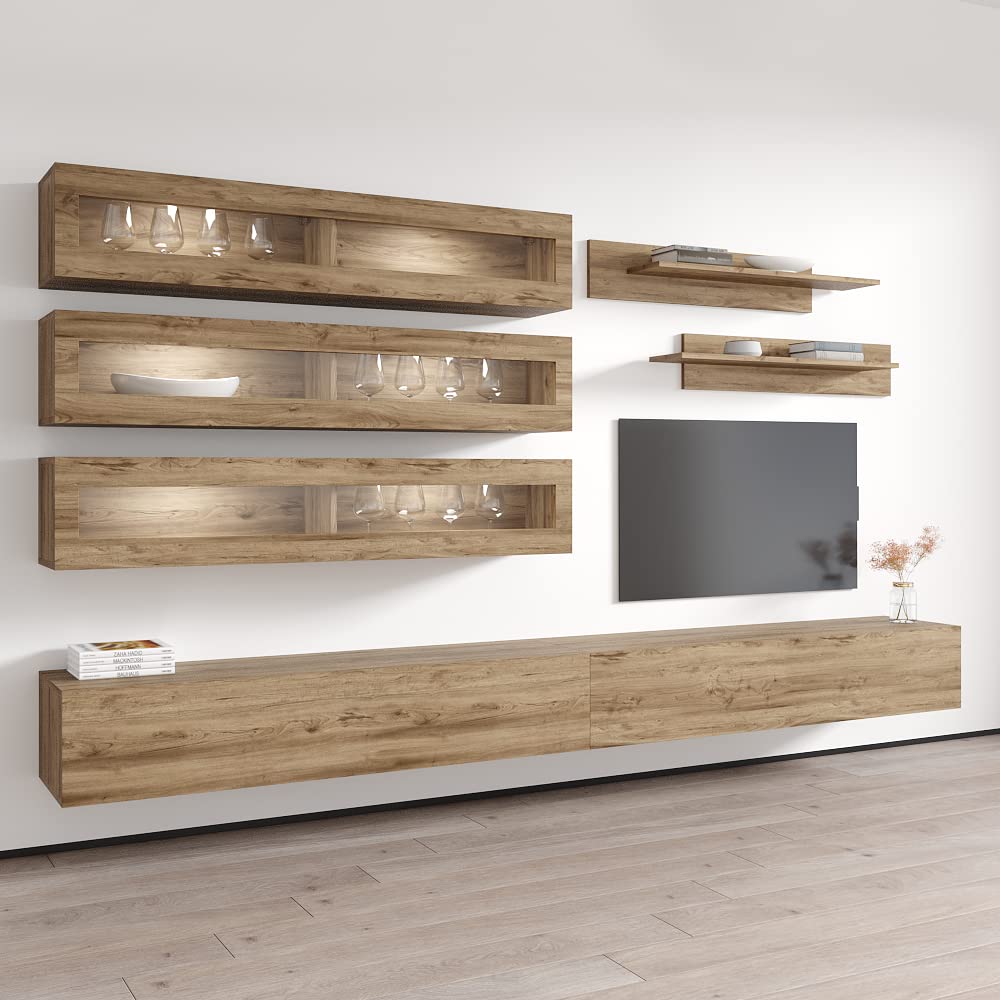 Modern Floating TV Stand with Storage & LED Lights - Wall-Mounted Entertainment Center for Bedroom & Living Room - Oak Wood TV Console with Shelves - Perfect for Small Spaces & Home Theater Setups