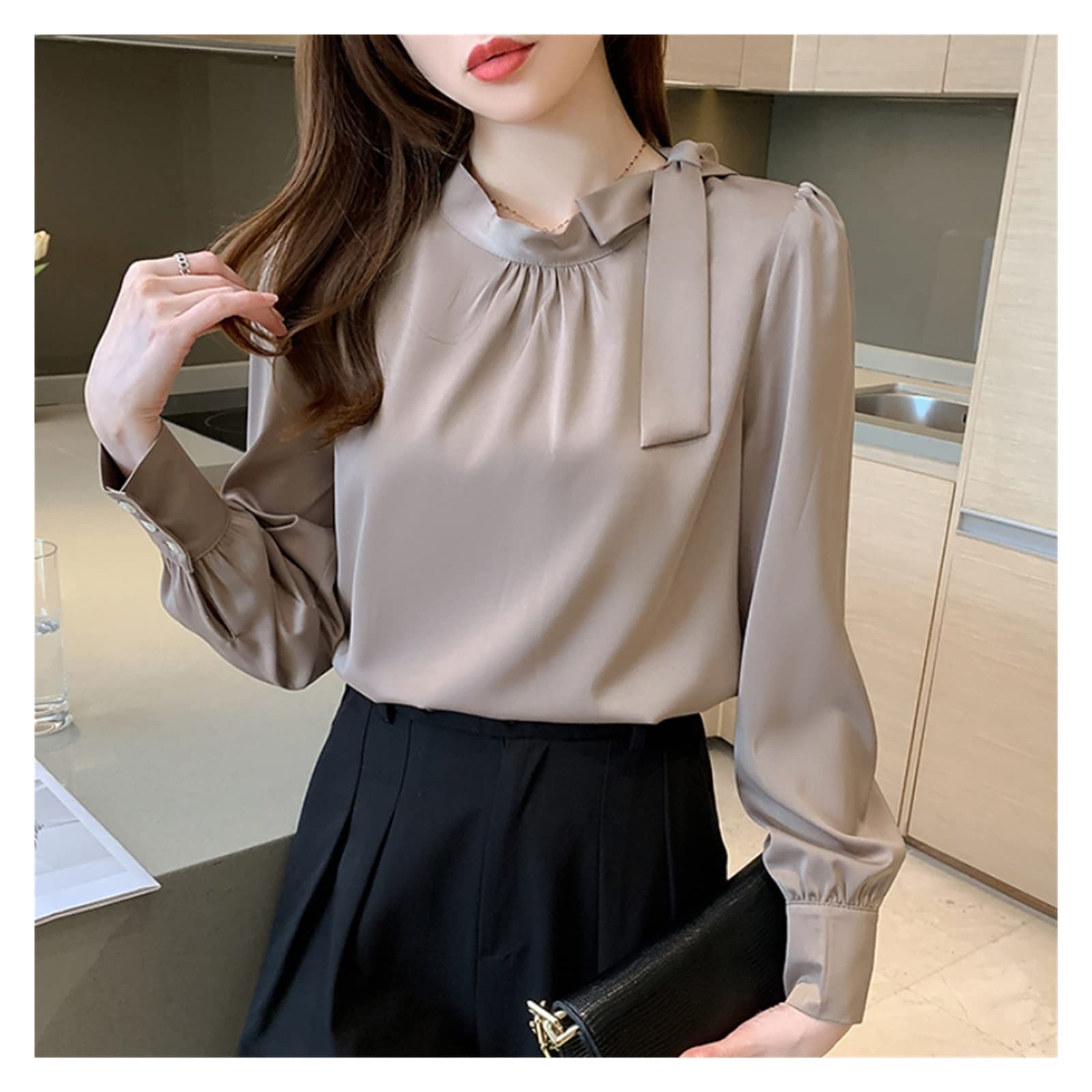 Elegant Women's Long Sleeve Satin Shirt with Bow Detail - Autumn Coffee Solid Color Top (Size M) | Perfect for Office Wear, Date Nights & Fall Fashion