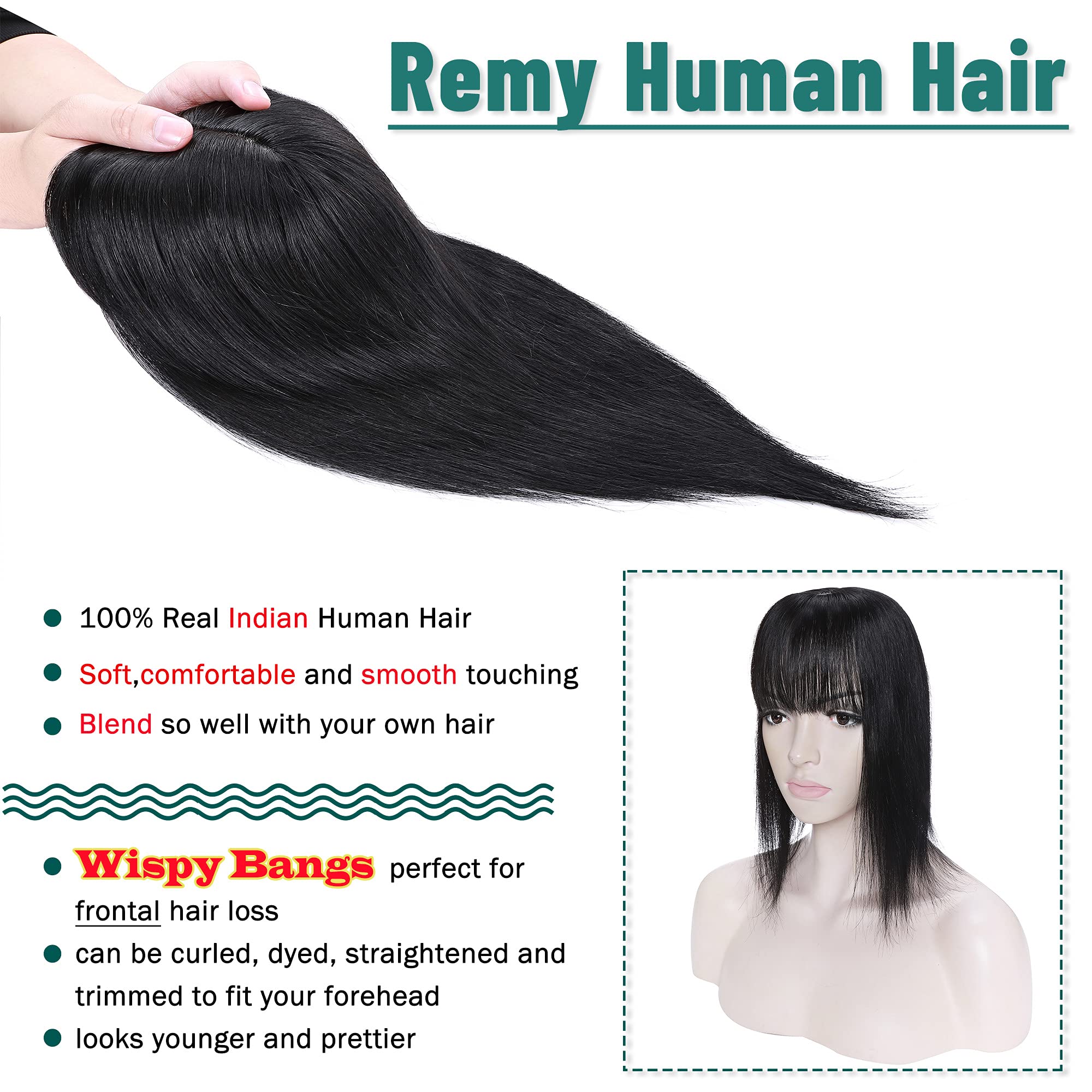 Premium 130% Density Human Hair Toppers with Bangs - Hand-Tied Silk Base Clip-In Hairpiece for Women with Thinning Hair - Natural Hair Loss Solution & Gray Coverage - 10 Inch 35g Jet Black - Perfect for Daily Wear, Special Occasions & Confidence Boost