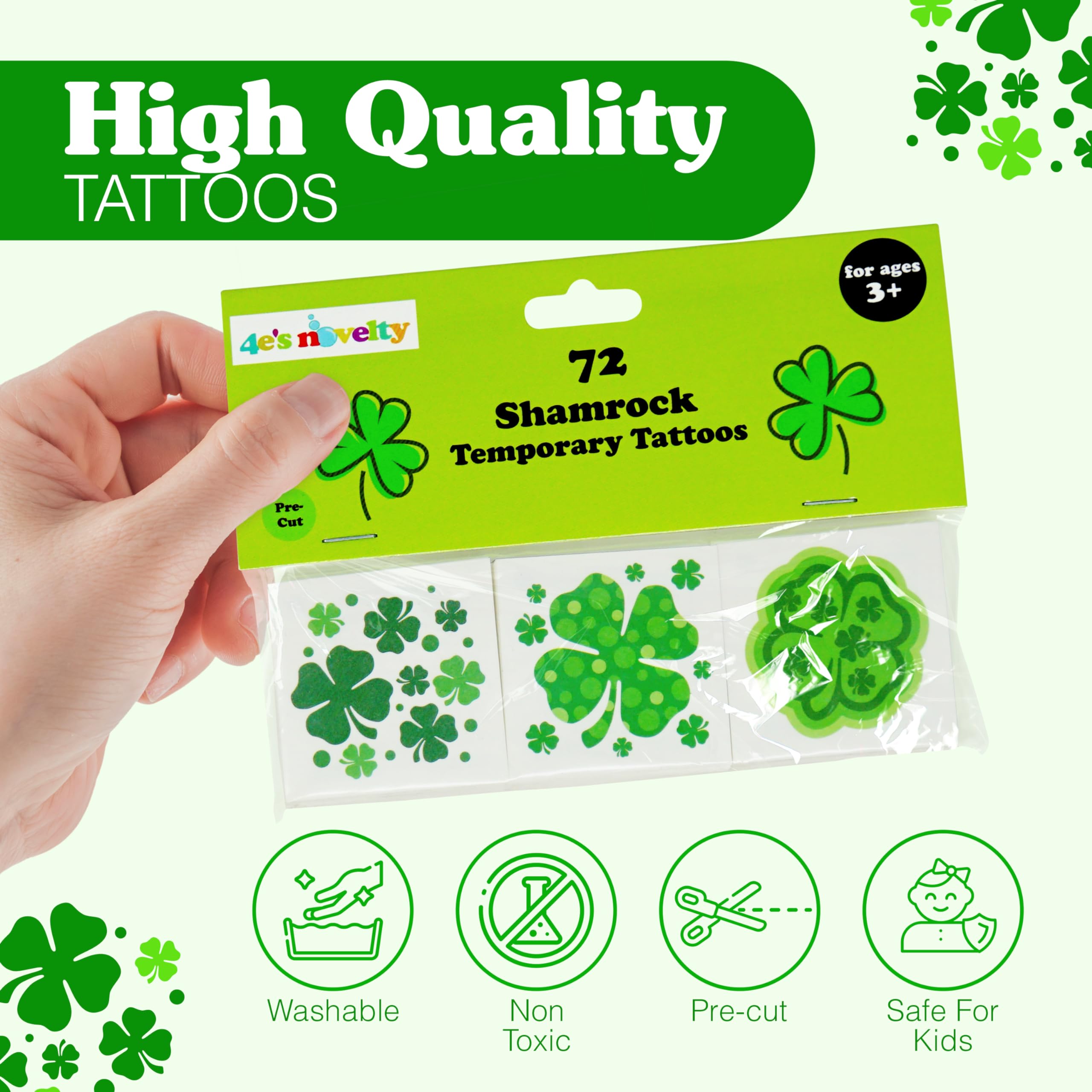 4E's Novelty Shamrock Temporary Tattoos - 72 Individually Wrapped St. Patrick's Day Tattoos for Kids & Adults | Irish Party Favors, Face & Body Art | Perfect for St. Paddy's Day Celebrations, Irish-Themed Parties & Festive Gift Giving