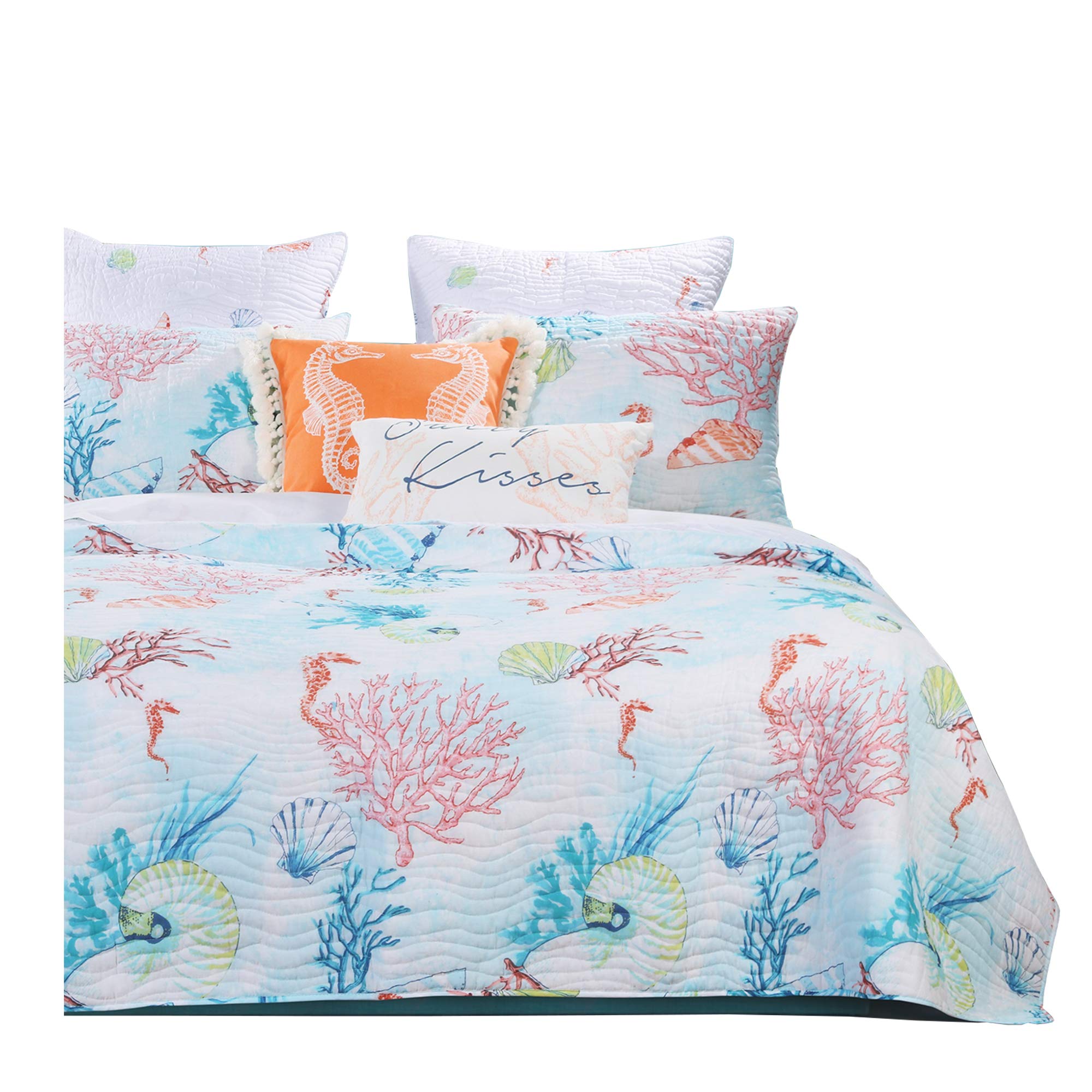 Benjara Full Size 3 Piece Polyester Quilt Set - Coral Floral Print Bedding Set, Soft & Breathable Comforter Cover with Pillow Shams, Multicolor - Perfect for Guest Rooms, Master Bedrooms & Coastal Decor