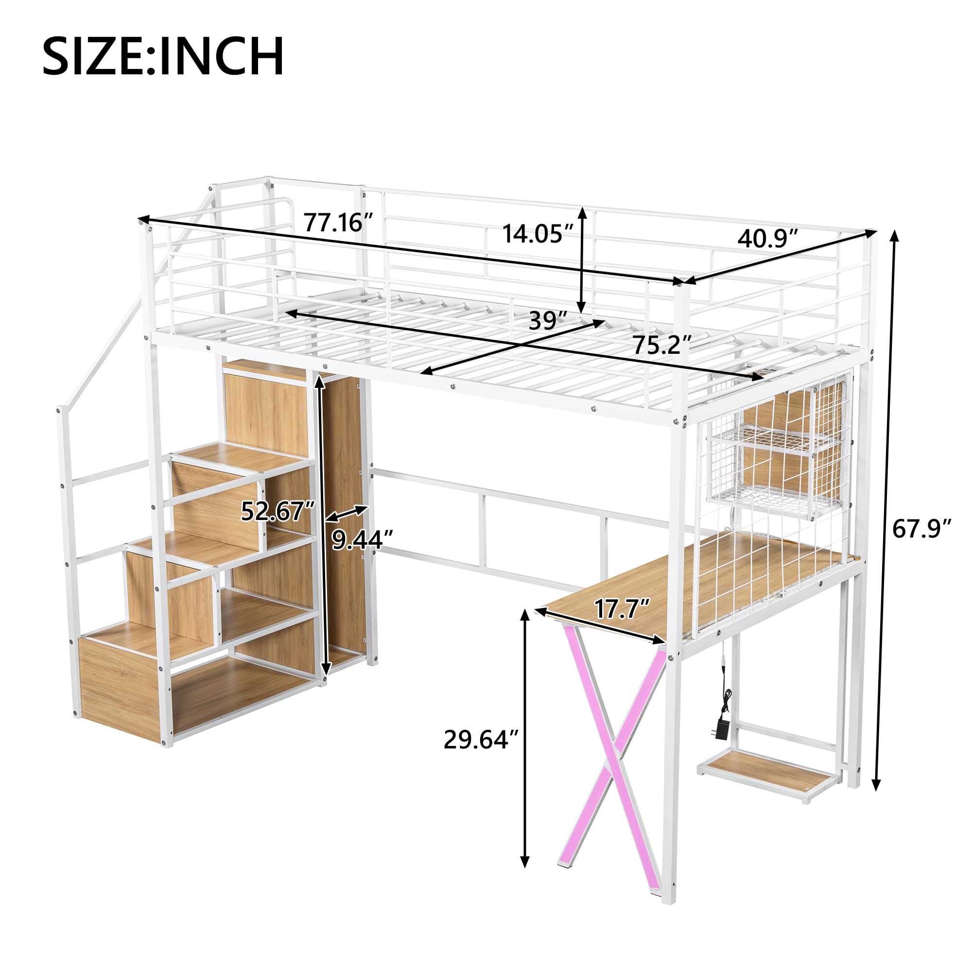 LZ LEISURE ZONE Twin Size Metal Loft Bed with Built-in Desk, Wardrobe, Storage Stairs & LED Lights - White | Space-Saving Bedroom Furniture for Teens, College Dorms & Small Apartments