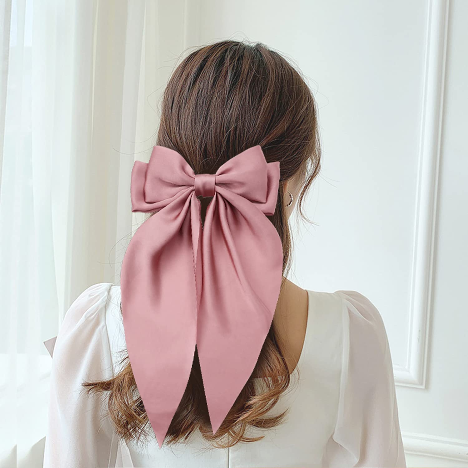 6 Pack Oversized Satin Hair Bows for Women - Large Bow Hair Clips with Long Silky Ribbon Tails - Elegant French Barrette Ponytail Holder for Parties, Weddings & Daily Hair Accessories