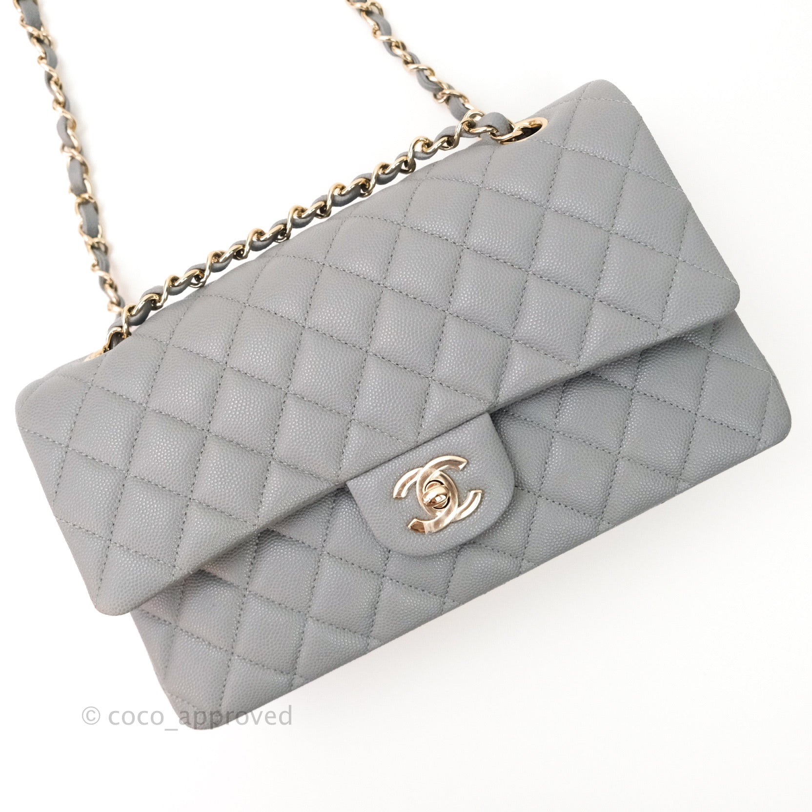 Chanel Classic Medium Double Flap Bag in Grey Caviar Leather with Gold Hardware - Perfect for Work, Date Night & Special Occasions