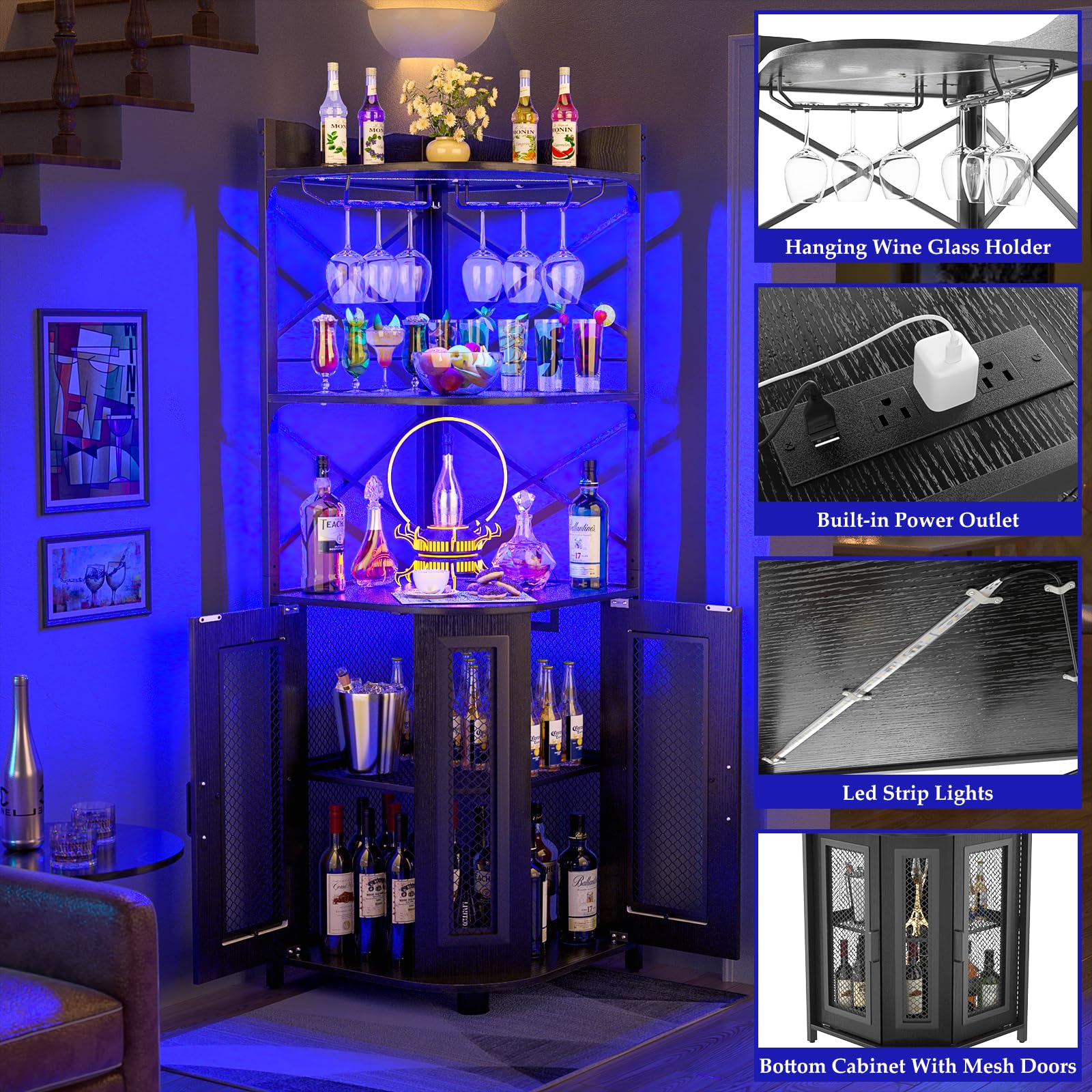 Industrial 5-Tier Corner Bar Cabinet with Power Outlet & LED Lighting - Modern Wine Liquor Storage Cabinet with Glass Holder, Black - Perfect for Small Spaces, Home Bars, and Stylish Corner Displays