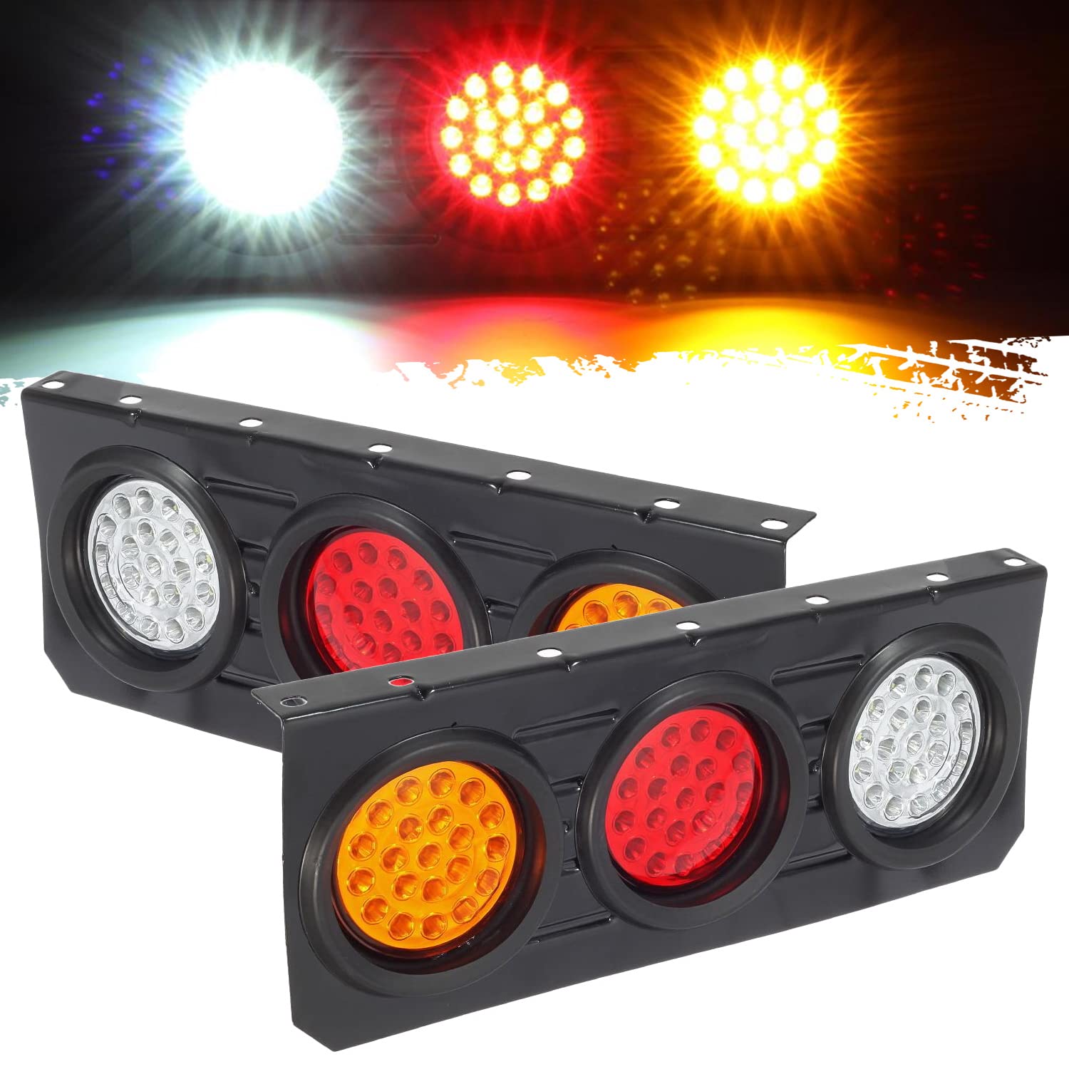 Partsam 63 LED Truck Trailer Tail Lights Bar Kit - Waterproof 12V-30V Stop/Turn/Brake/Reverse Lights with Iron Bracket - 4 Inch Round LED Taillights for RV, Camper, Flatbed Trucks (2-Pack) - Perfect for Night Driving & Enhanced Road Safety