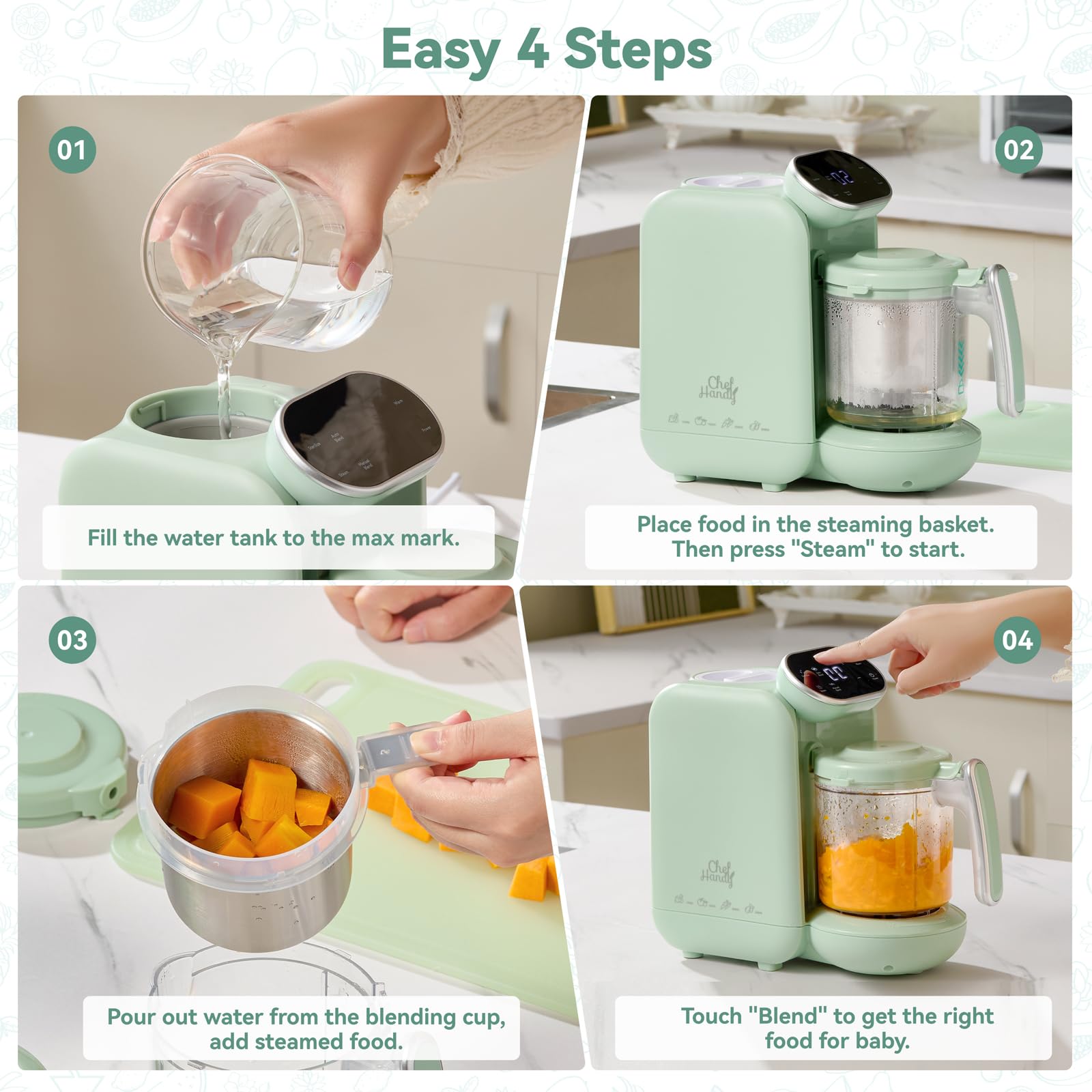5-in-1 Baby Food Maker with Steaming Basket - Auto Cook & Grind Touch Screen Steamer Blender for Homemade Puree - Perfect for Making Healthy Baby Food at Home (Green)