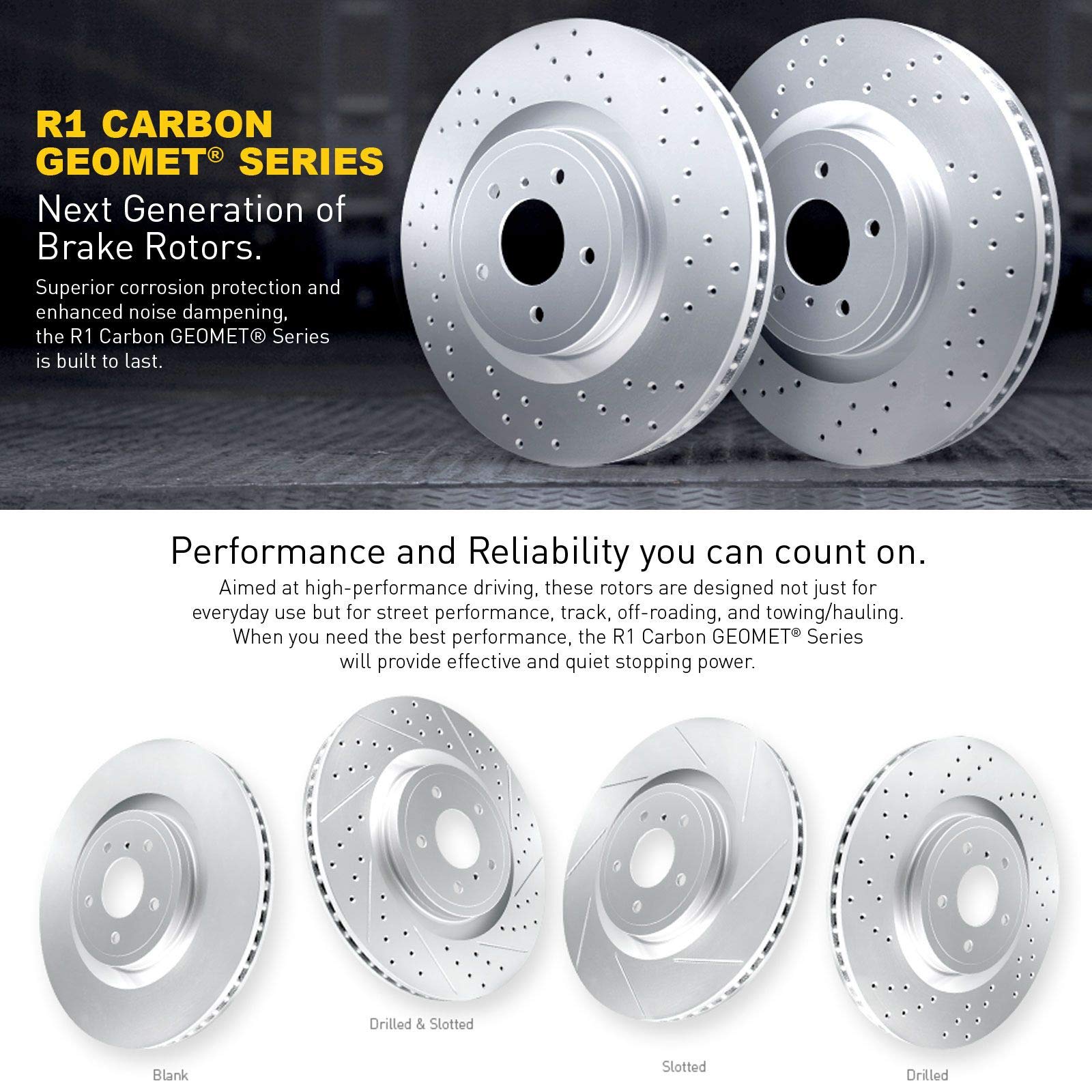 R1 Concepts Carbon Geomet Cross Drilled Brake Rotors Kit with Ceramic Brake Pads - High Performance Front Brake Upgrade for Sports Cars & Track Racing
