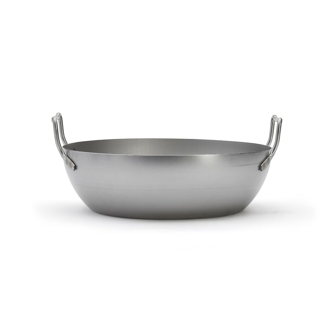 De Buyer 5050.36 Professional 36cm Carbon Steel Deep Fryer Pan - Lyonnaise Style Round White Iron Skillet for Perfect French Fries, Fried Chicken & Donuts | Restaurant Quality Home Cooking & Professional Kitchen Use