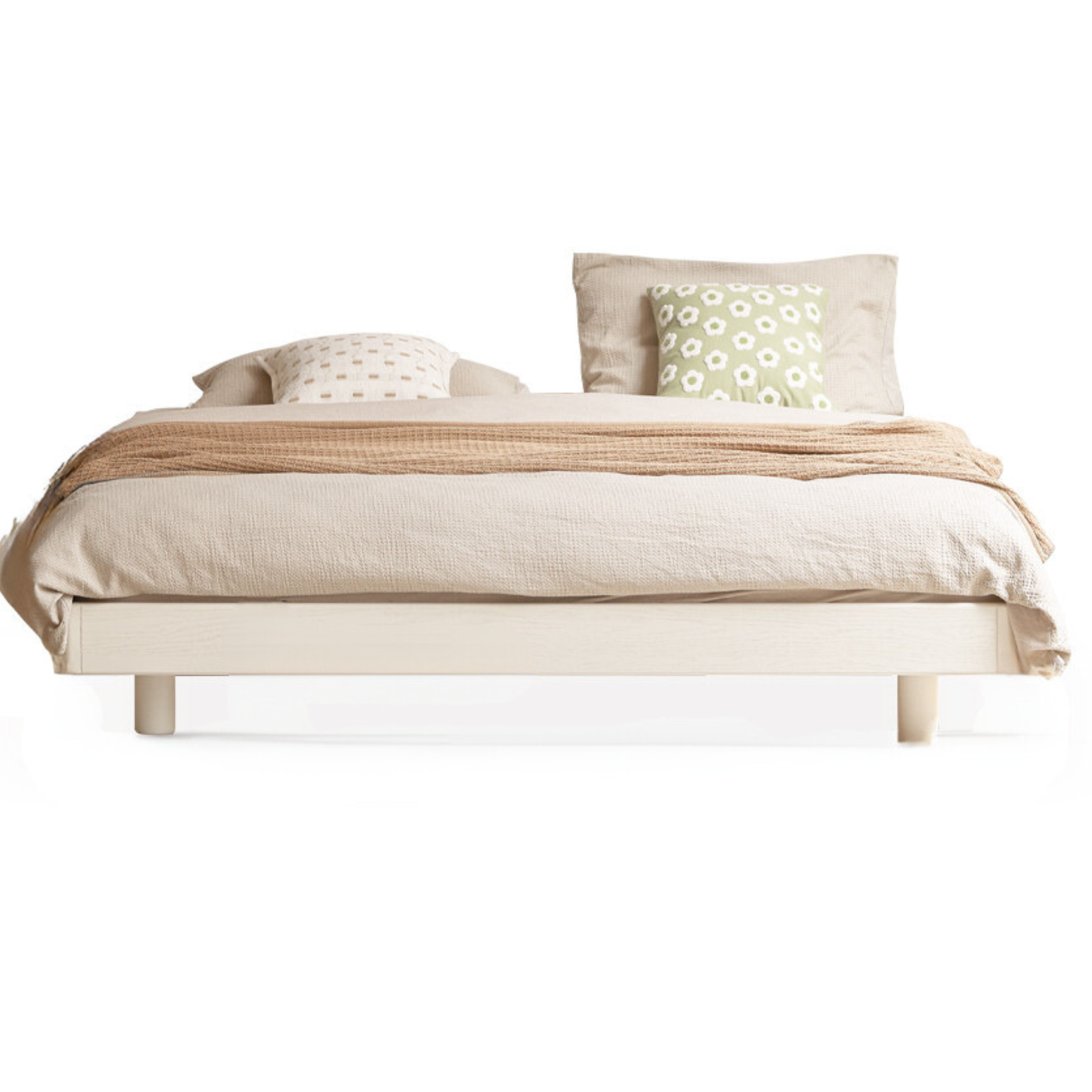 Solid Oak Wood Platform Bed - No Headboard, Cream Finish - Modern Minimalist Bedroom Furniture for Small Spaces & Loft Apartments