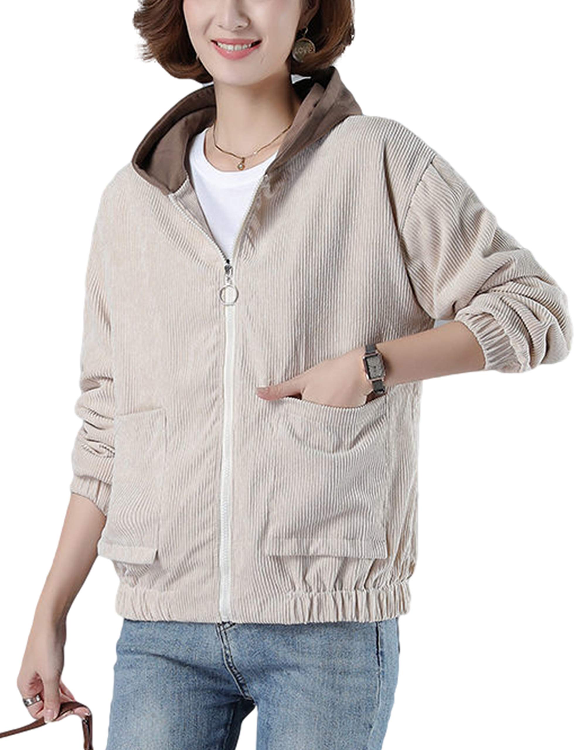 Yimoon Women's Corduroy Zip Up Fleece Lined Long Sleeve Hooded Jacket with Pockets - Warm Winter Coat for Casual Outfits & Outdoor Activities