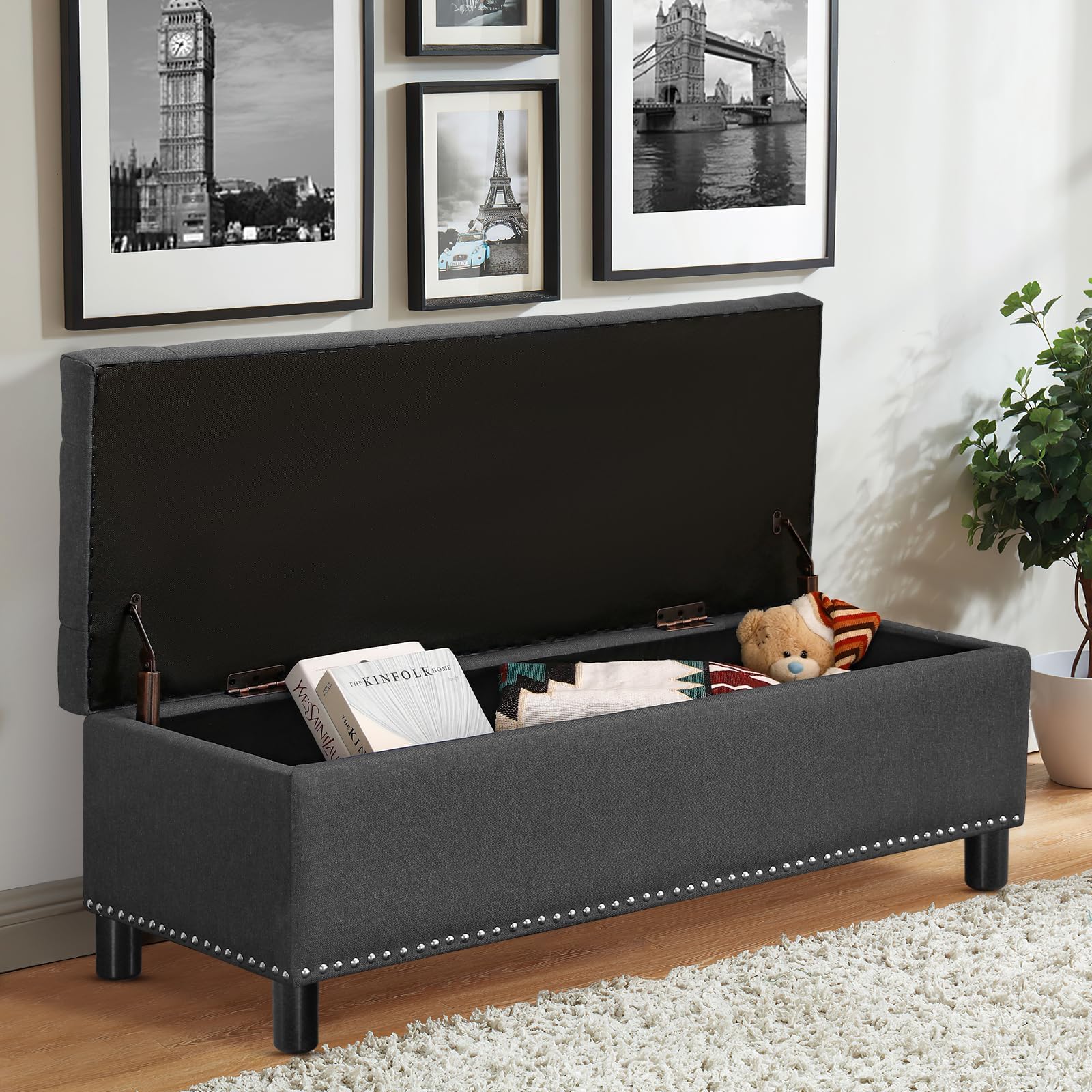 Furniliving Storage Ottoman Bench with Wood Legs - Foldable Upholstered Button-Tufted Entryway Bench for Bedroom, Living Room & Hallway - Dark Grey Linen Fabric (Multi-Functional Seat & Storage Solution)