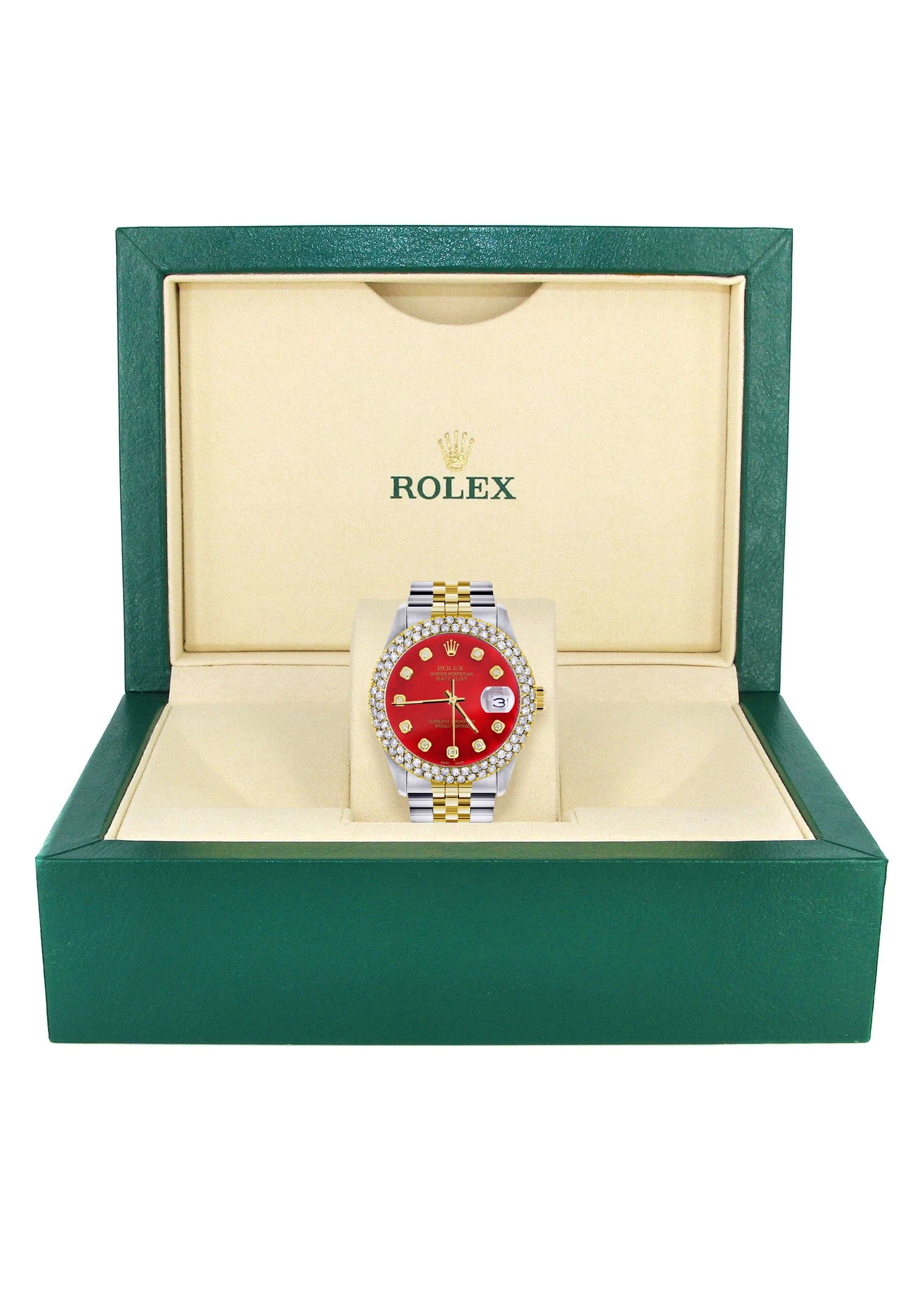Luxury Diamond Gold Rolex Watch For Men 16233 | 36mm Stainless Steel | Custom Red Dial | 4.25 Carat Diamond Bezel | Jubilee Bracelet | Perfect for Gifts, Weddings & Special Occasions