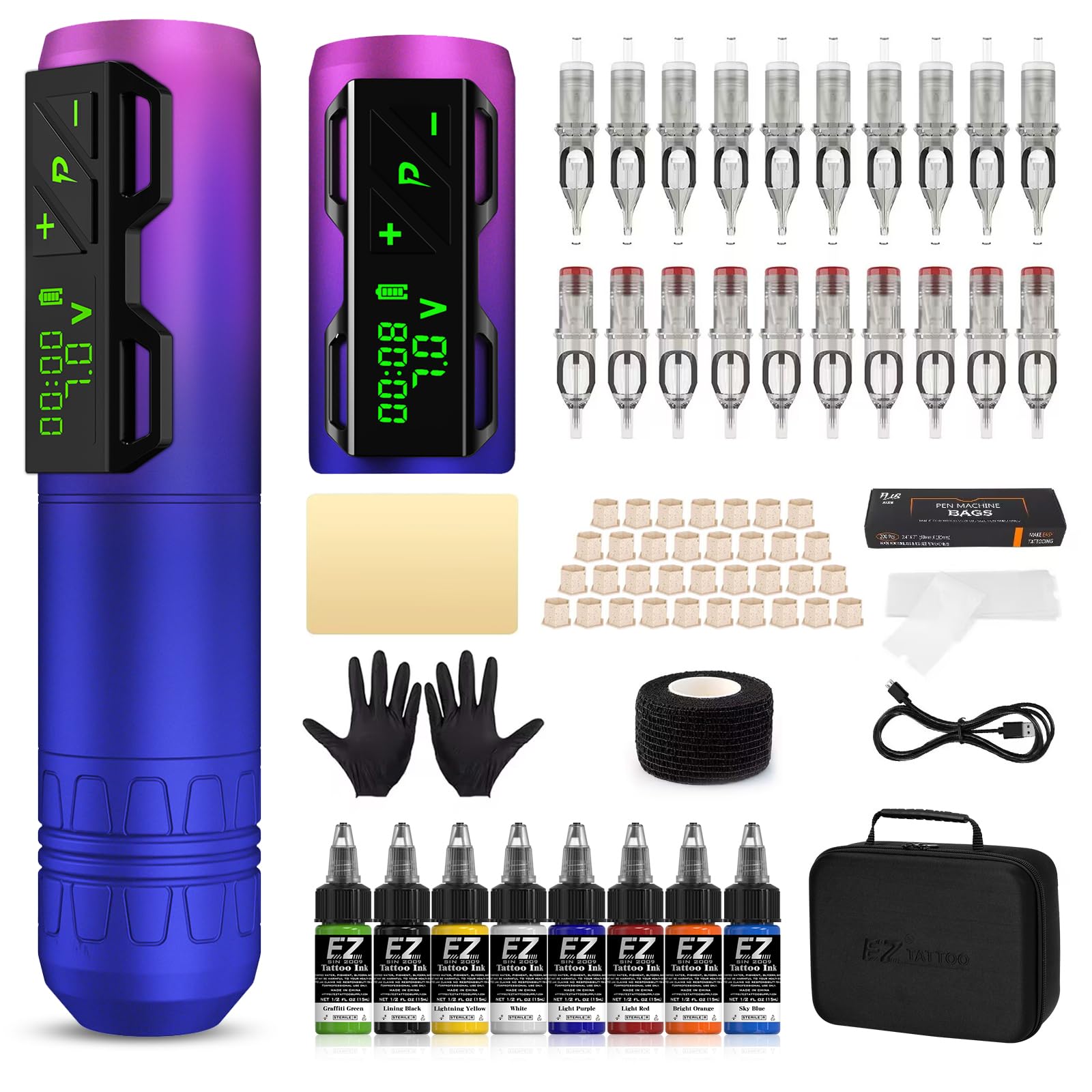 Professional Wireless Tattoo Machine Kit - Rotary Tattoo Pen with 20 Cartridge Needles, 1800mAh Battery & 8 Ink Colors (P2S Purple) | Perfect for Beginners & Professional Tattoo Artists | Home Studio & Tattoo Parlor Use