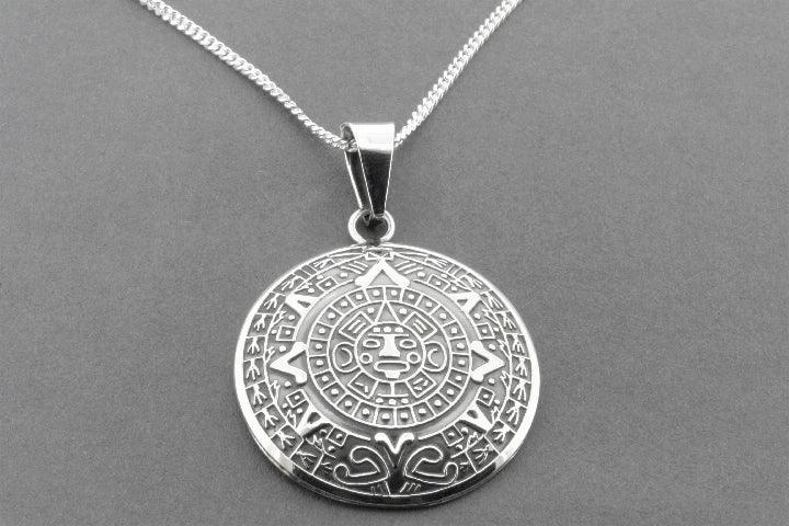 Handmade Sterling Silver Curved Mayan Calendar Pendant Necklace - Unique Aztec Jewelry for Women, Men - Perfect for Spiritual Gifts & Boho Fashion