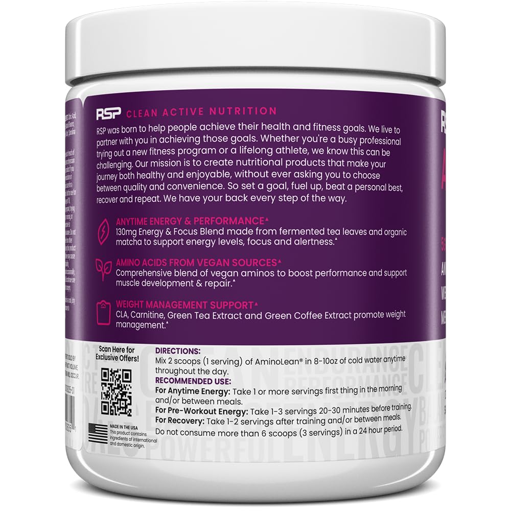 RSP NUTRITION AminoLean Pre Workout Powder - Vegan BCAA Amino Acids with Natural Caffeine for Energy & Weight Management | Preworkout Boost for Men & Women | 30 Servings | Ideal for Gym, Fitness & Weight Loss Training
