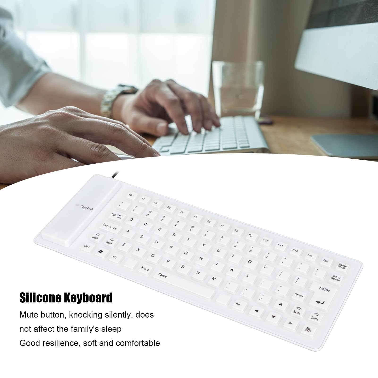 Foldable Silicone USB Keyboard 85 Keys - Waterproof, Silent & Soft Flexible Wired Keyboard for Laptop, PC, Mac - Perfect for Office, Travel & Home Use (White)