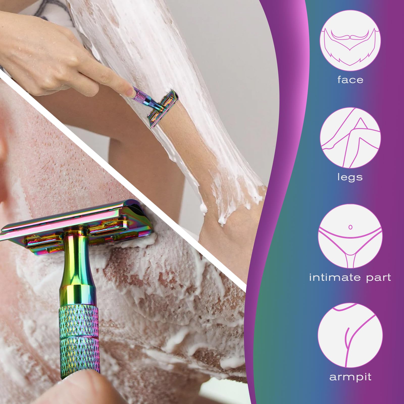 Premium Double Edge Safety Razor with Stand - Reusable Metal Razor for Men & Women - Includes 10 Platinum Coated Blades - Eco-Friendly Shaving Solution for Face & Body - Perfect for Home, Travel & Sustainable Grooming - Rainbow Finish