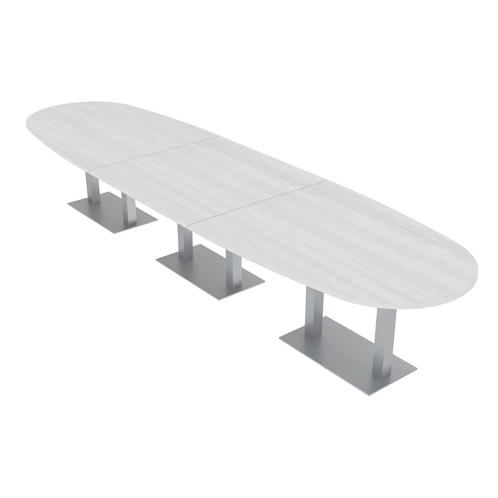 14ft Oval Boat Shaped Conference Table with Square Metal Bases - Modular Harmony Series White Cypress Meeting Table for Office, Boardroom & Collaborative Workspaces