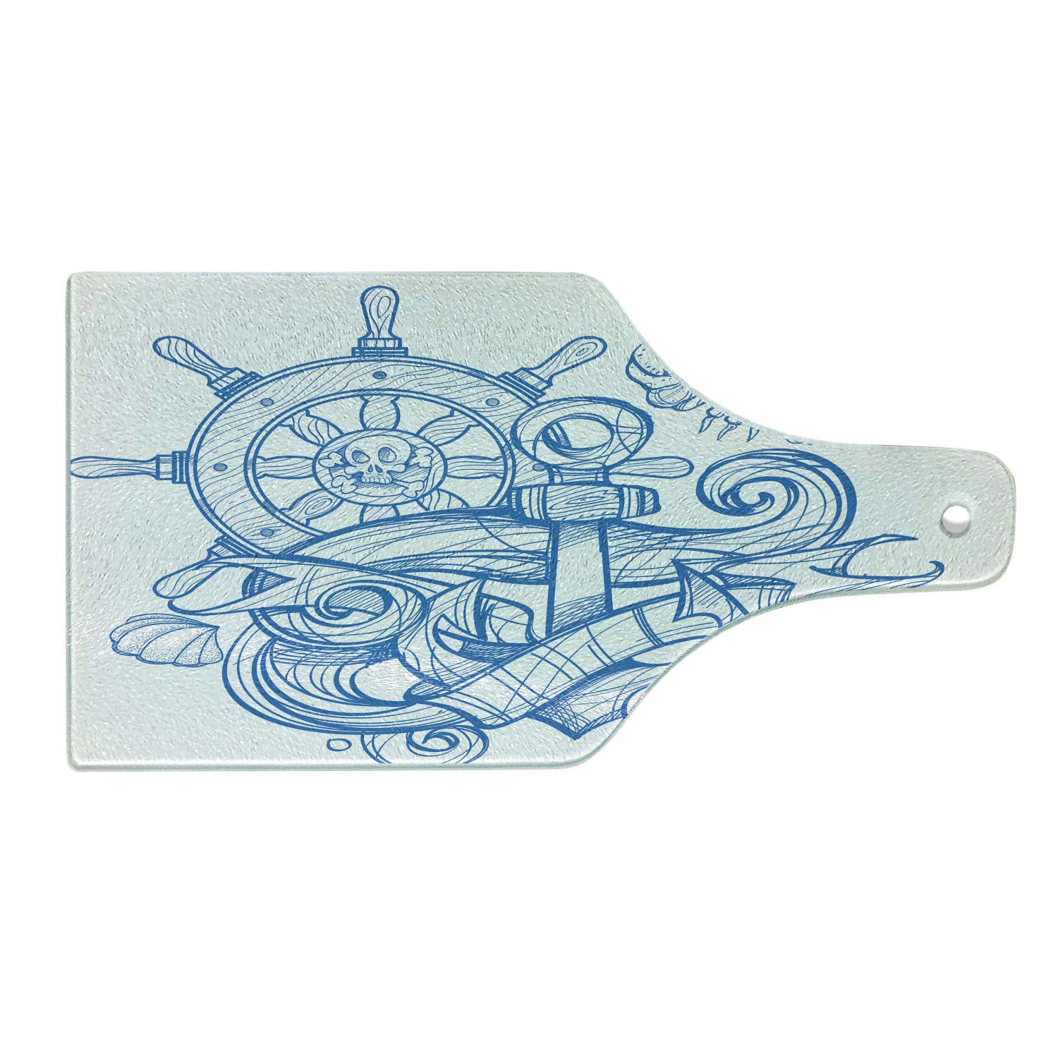 Ambesonne Vintage Nautical Tattoo Cutting Board - Pirate Anchor Steering Wheel Crab Shell Waves Design - Tempered Glass Serving Board for Kitchen & Entertaining - Wine Bottle Shape in Azure Blue & White - Perfect for Cheese Platters, Charcuterie & Wine Parties