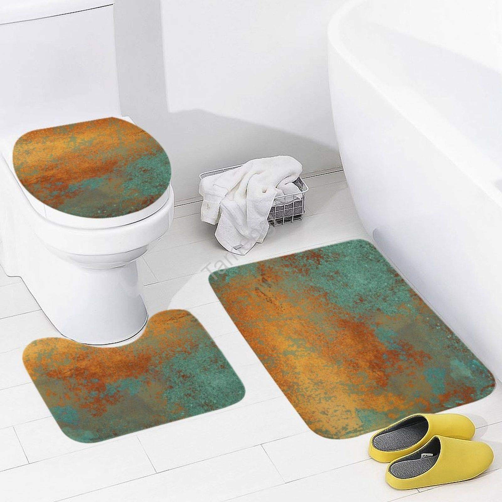 3-Piece Non-Slip Bathroom Rug Set - Trendy Metallic Copper Patina Bath Mats, Toilet Lid Cover & Floor Mat | Perfect for Modern Bathrooms, Guest Suites & Spa-Style Decor