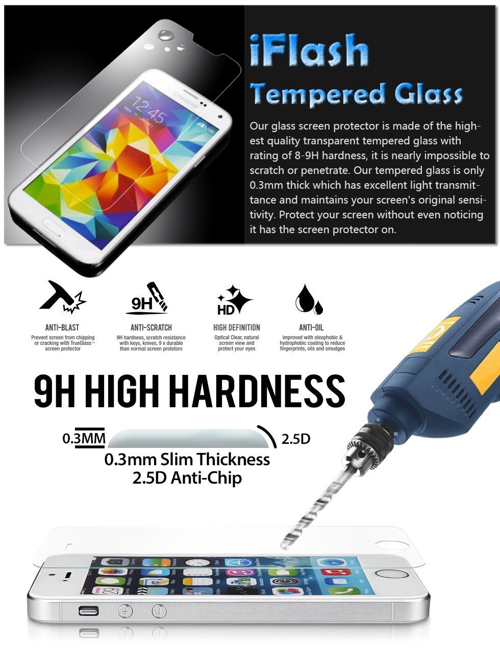 IFLASH Tempered Glass Screen Protector for Apple iPad Air 1/2 & iPad Pro 9.7