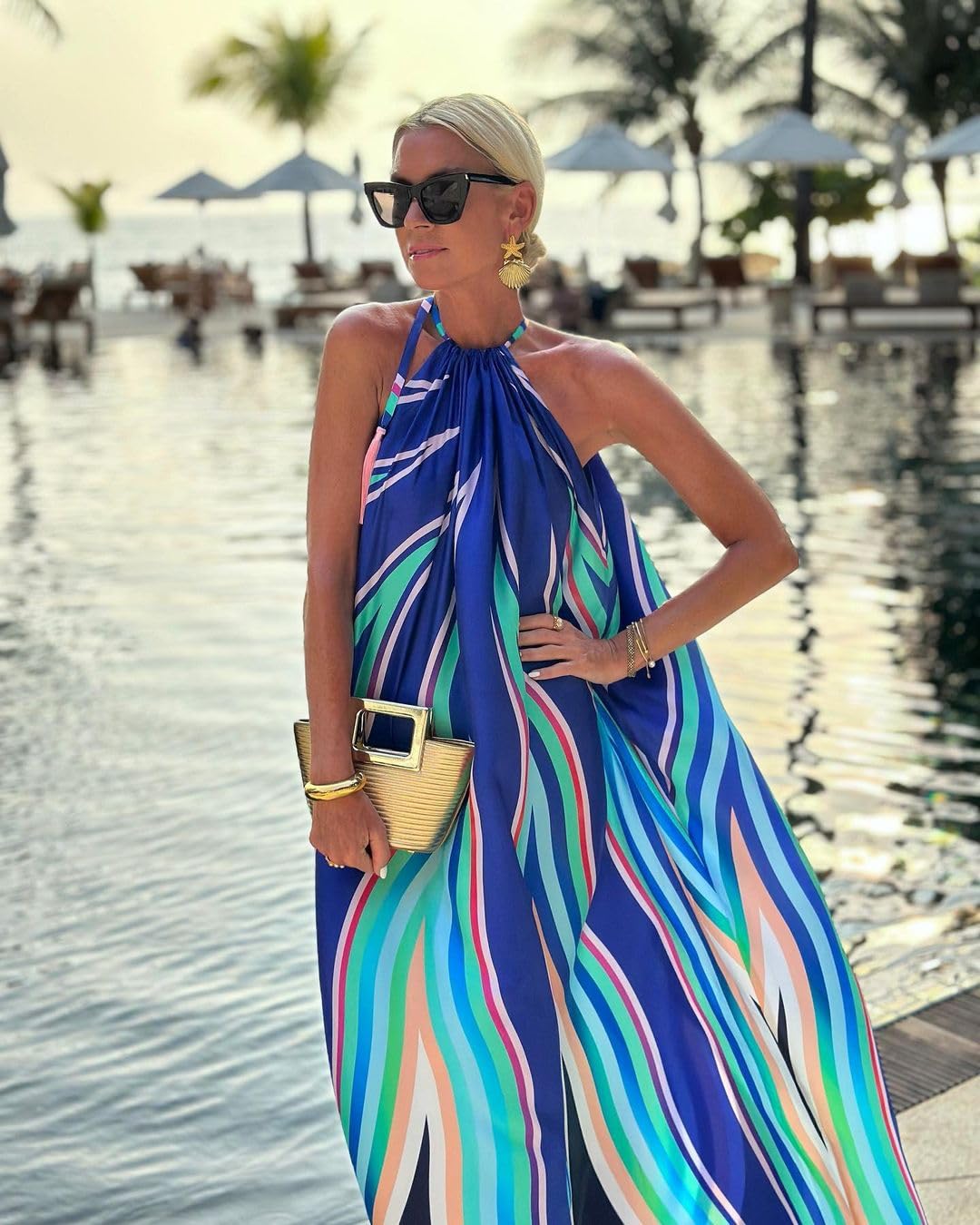 UOOZEE Women's Flowy Boho Maxi Dress - Cute Print Halter Sleeveless Loose A-Line Sun Dress for Beach Vacation, Summer Party & Casual Outings