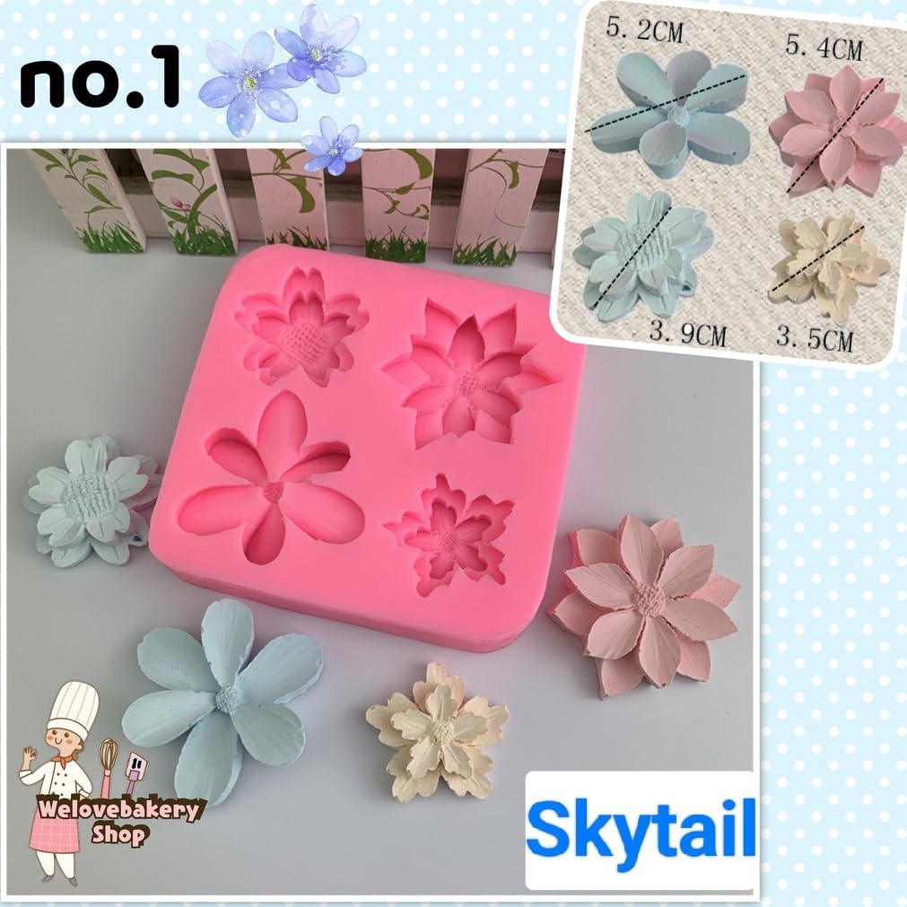 LEGACYCART 4-Cavity Silicone Fondant Molds - Daffodil, Lily, Periwinkle, Buttercup & Jasmine Flower Shapes for Chocolate, Cookies, Cupcakes, Cakes, Candy, Gummy, Jelly, Resin & Polymer Clay Art - Perfect for Baking, Candy Making & DIY Crafts