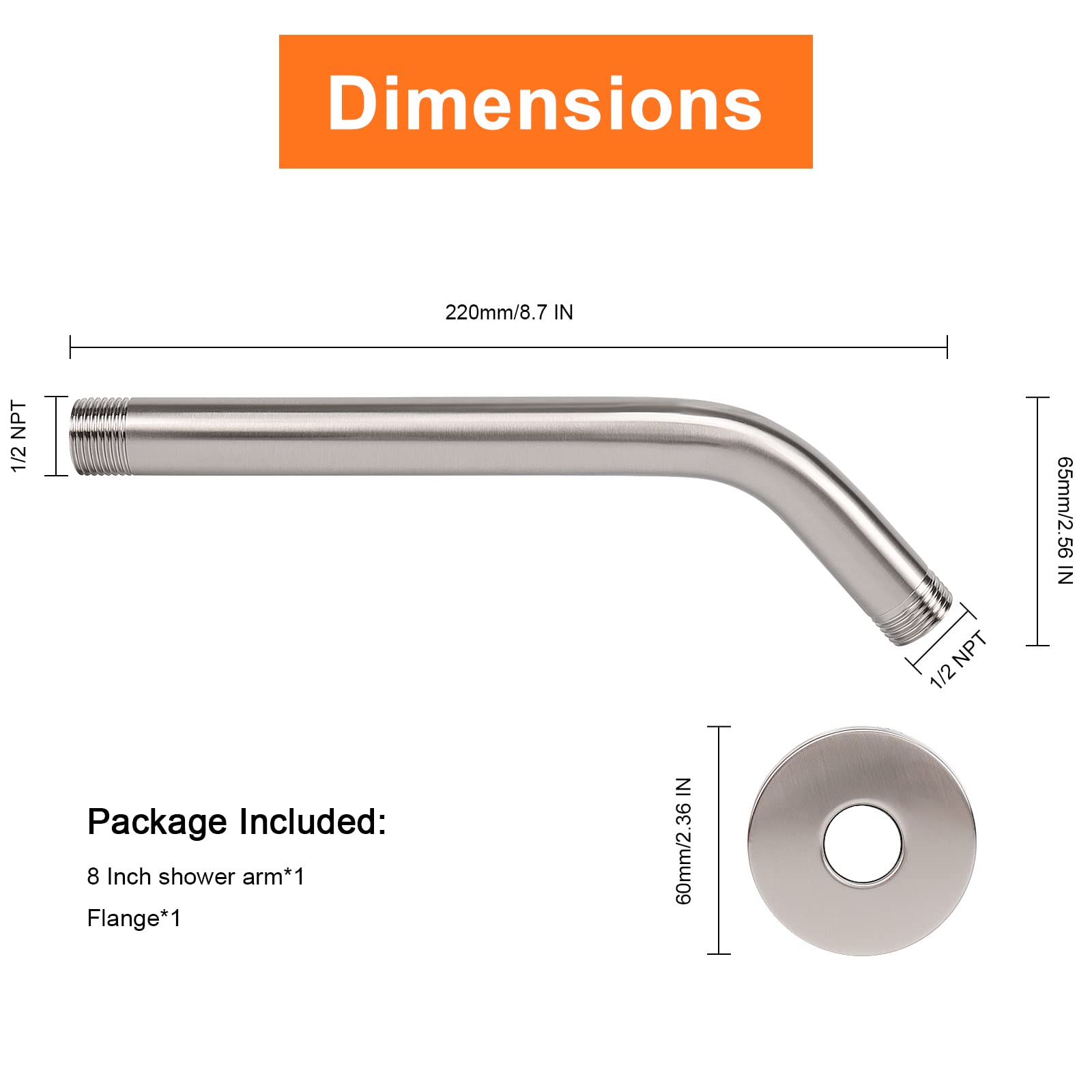 HarJue 8 Inch Brushed Nickel Shower Arm with Flange & Teflon Tape - 304 Stainless Steel Wall Mounted Extension Pipe for Fixed/Handheld Shower Heads - Perfect for Bathroom Renovation & Modern Shower Upgrades