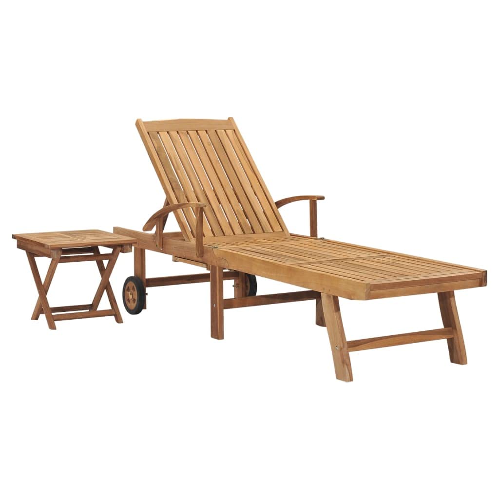 Premium Adjustable Sun Lounger with Pull-Out Table - Solid Teak Wood Outdoor Furniture Set for Patio, Poolside & Garden - Weather-Resistant Sunbed with Armrests - Perfect for Relaxing, Sunbathing & Outdoor Entertaining
