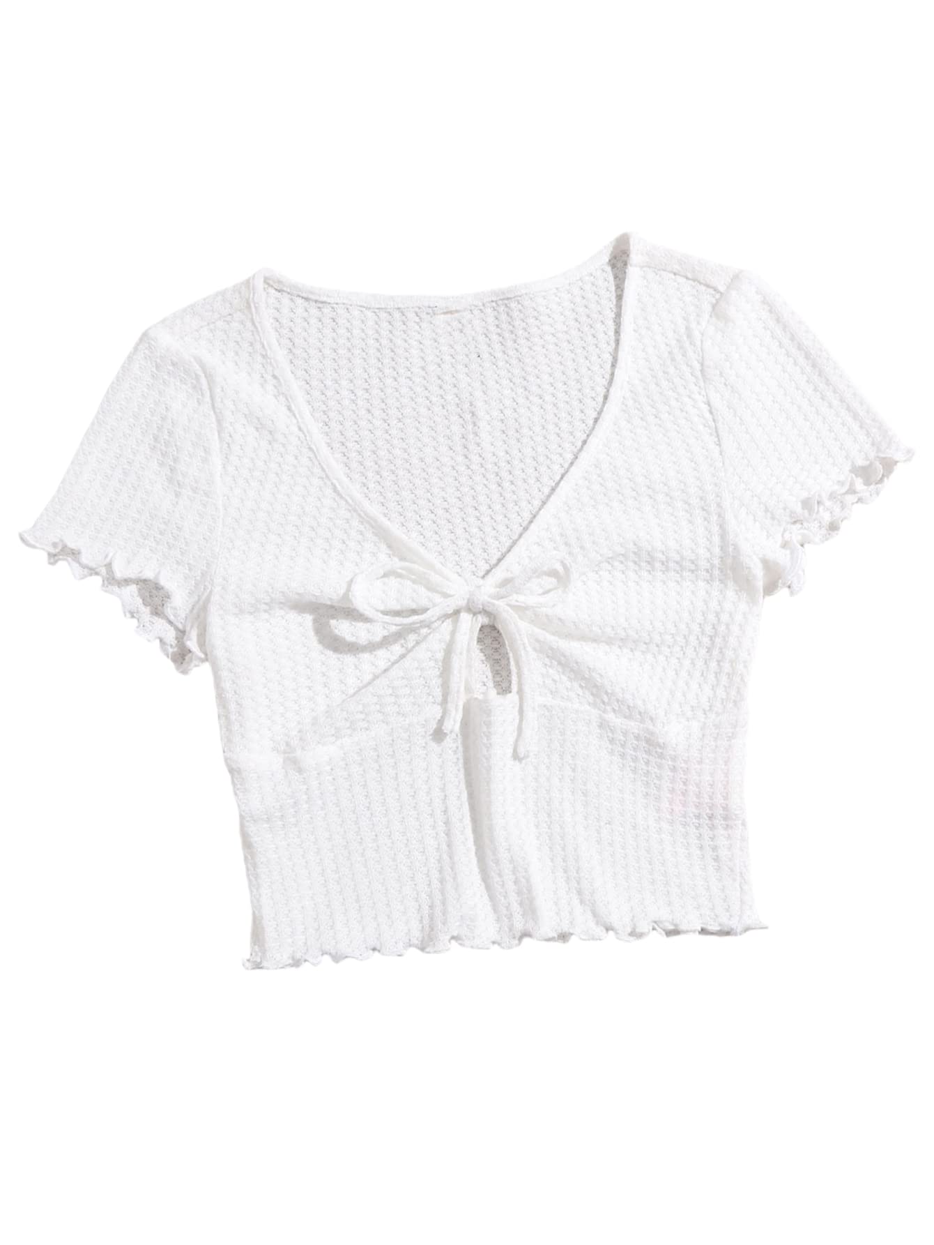 SheIn Women's Casual Waffle Knit Short Sleeve Crop Top V Neck Lettuce Trim T-Shirt | Summer Fashion Basic Tee | Perfect for Beach Outfits, Date Nights & Casual Wear