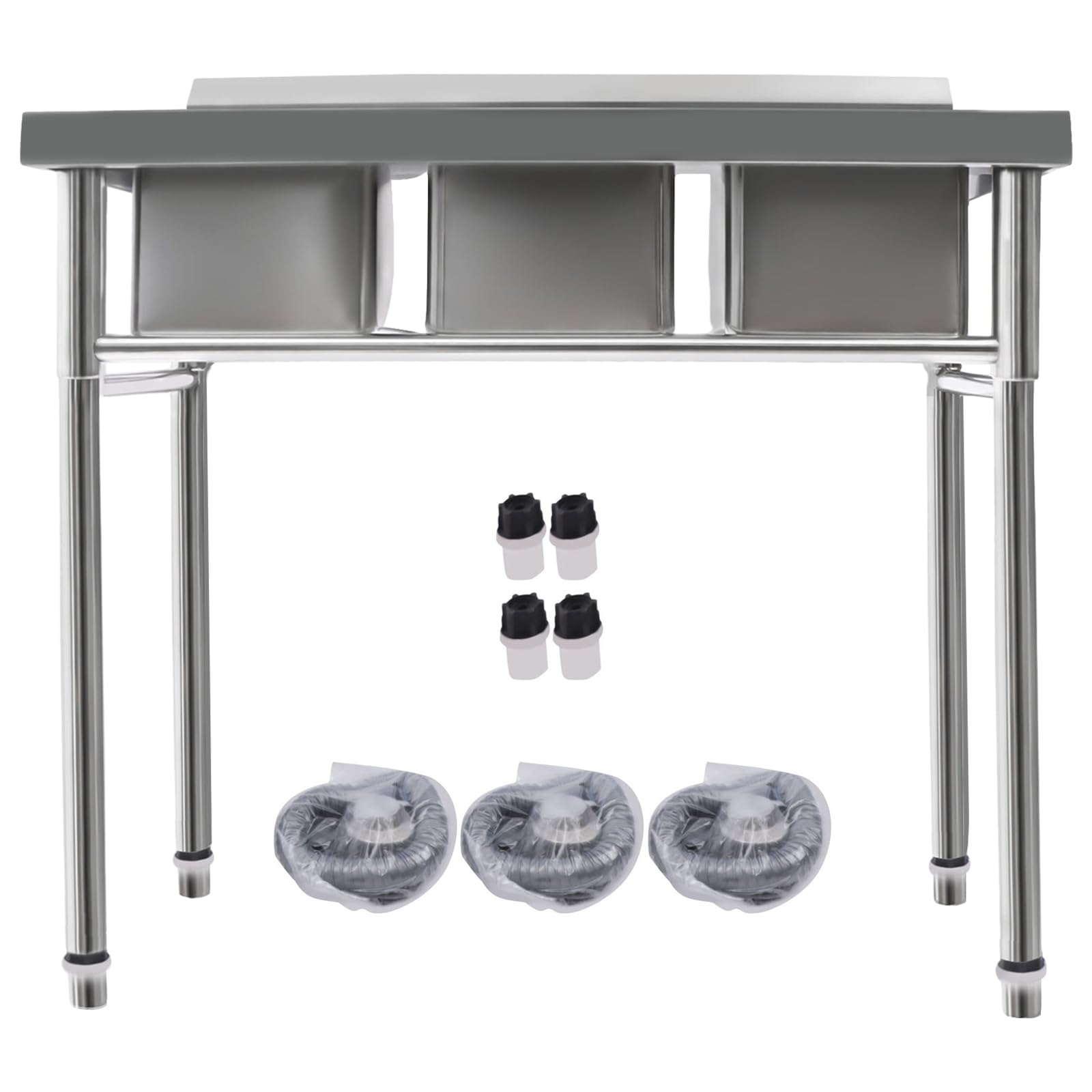 3 Compartment Commercial Stainless Steel Utility Sink - Heavy Duty Free Standing Kitchen Sink with 3 Drains, 39