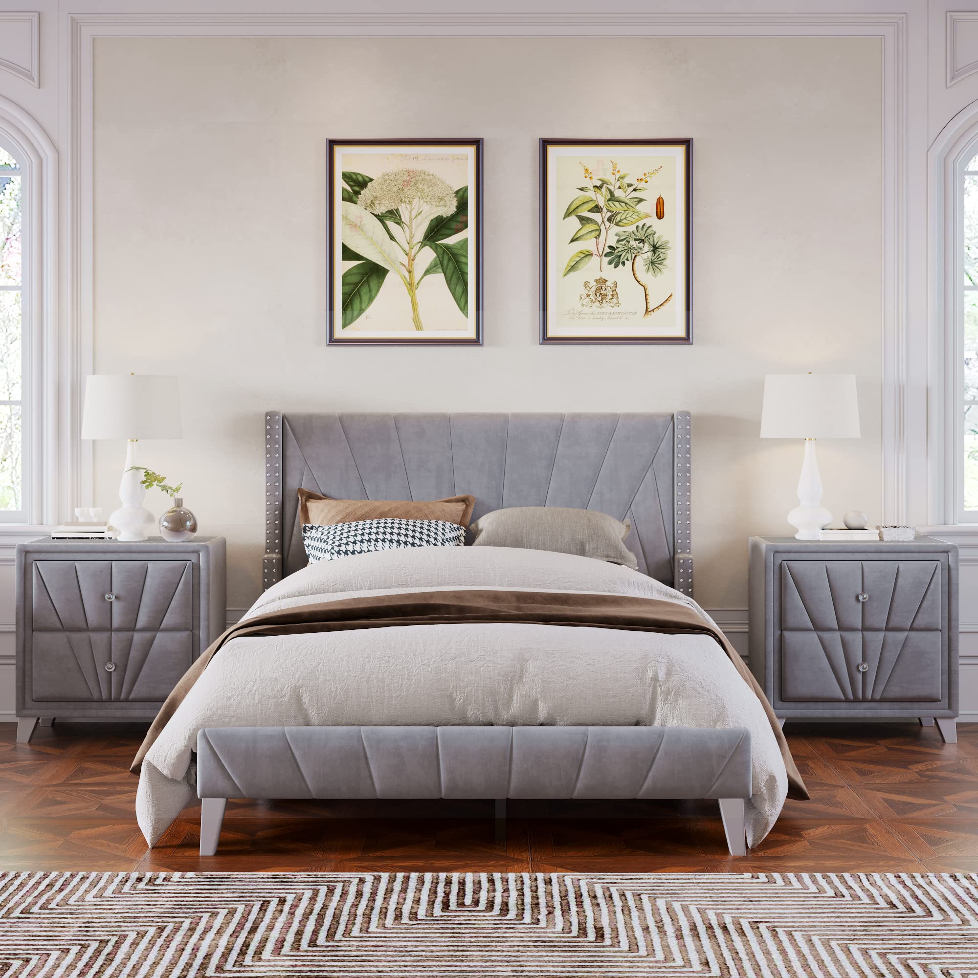 Modern 3-Piece Full Bedroom Set - Velvet Upholstered Bed Frame with 2 Nightstands, Contemporary Gray Bedroom Furniture for Master & Guest Rooms | Perfect for Small Spaces & Cozy Home Decor