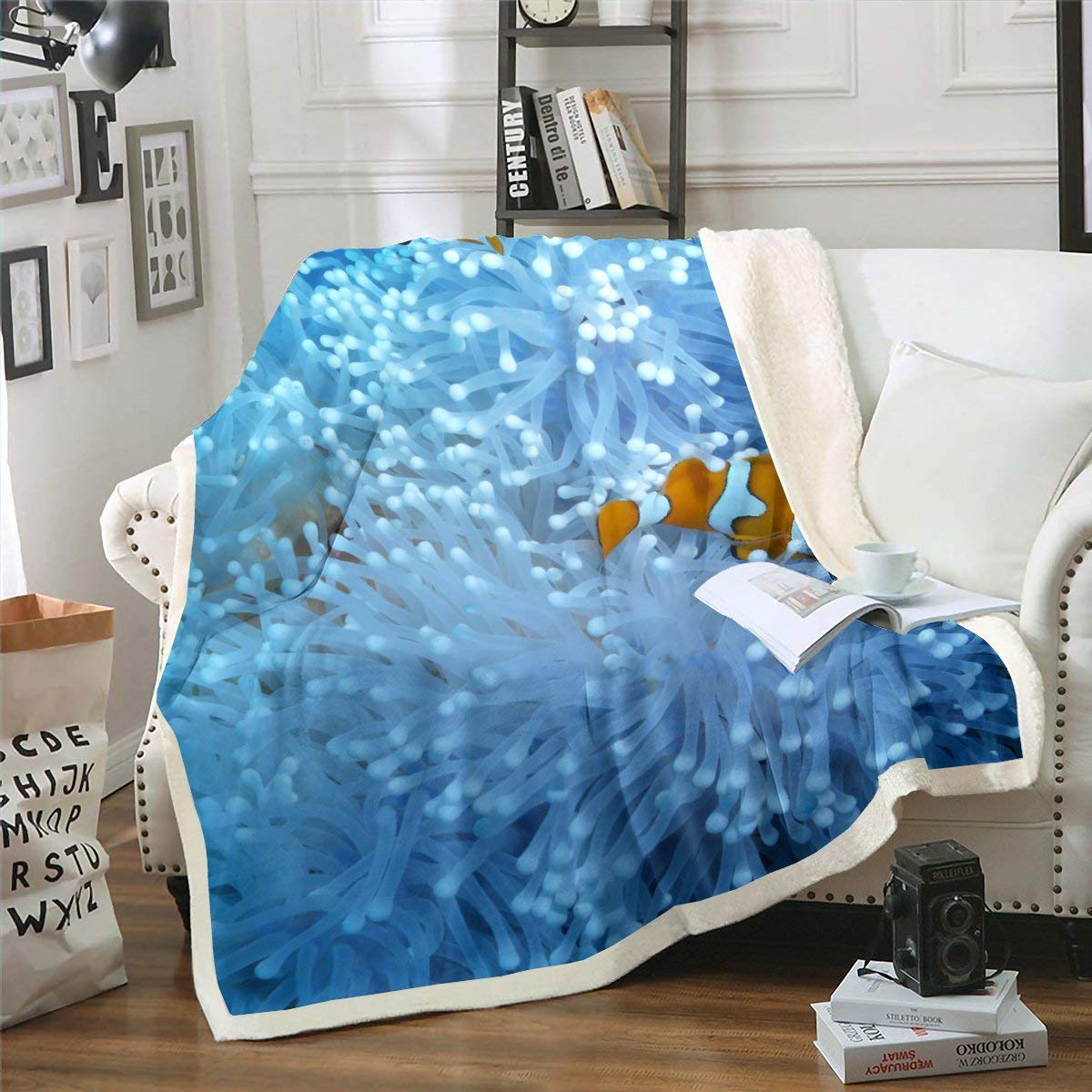 Ocean Fleece Throw Blanket - Anemone Fish Sherpa Blanket for Kids & Adults | Soft Plush Marine Life Blanket with Underwater World Design | Cozy Fuzzy Blanket for Sofa, Bed, Couch (60x80 Inches, Twin Size) | Perfect for Nursery Decor, Beach House, or Winter Snuggling